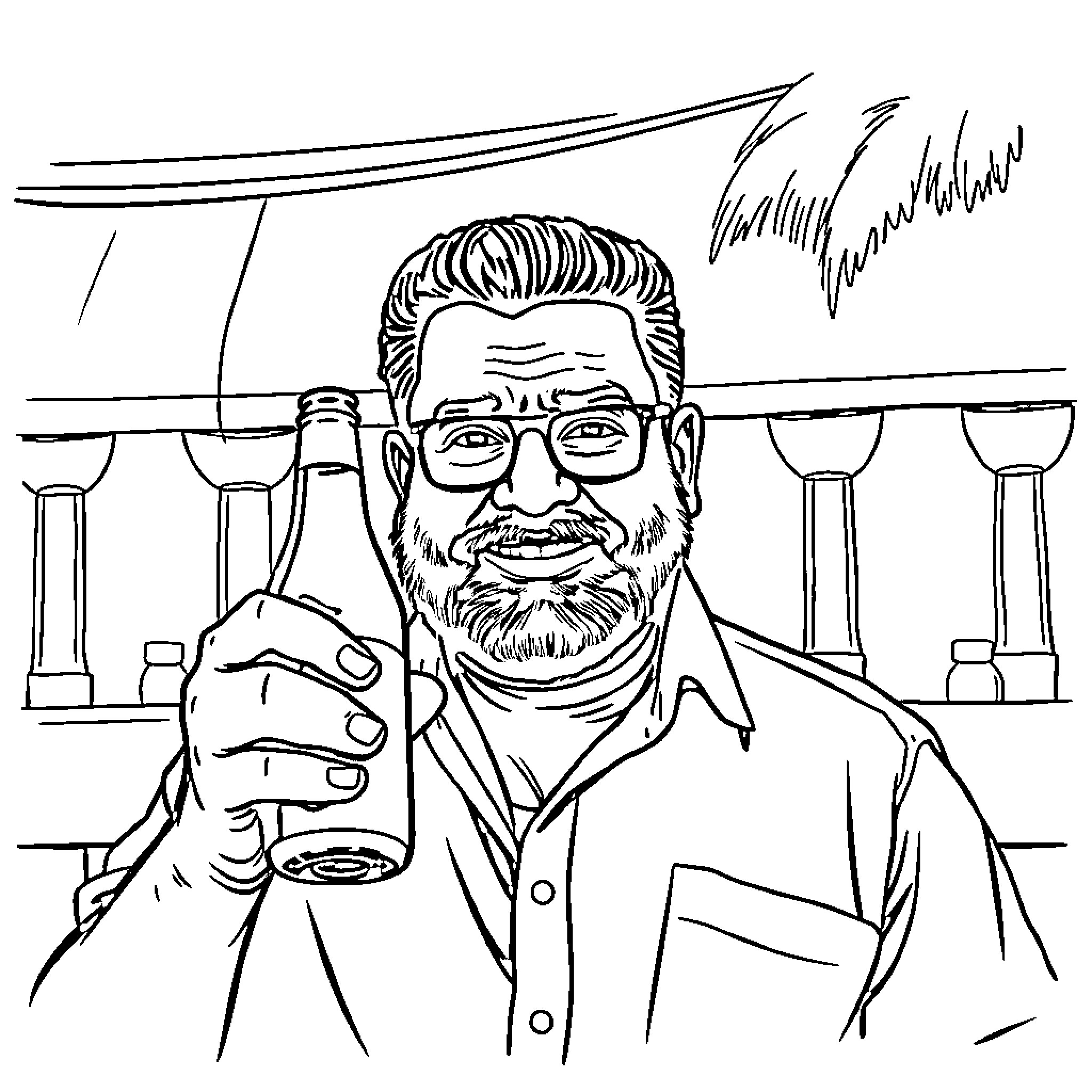 Mohanlal enjoying a drink in an elegant setting Coloring Page (free black-and-white line drawing printable PDF for all, from beginners to advanced learners, including children, teens, adults, and seniors)