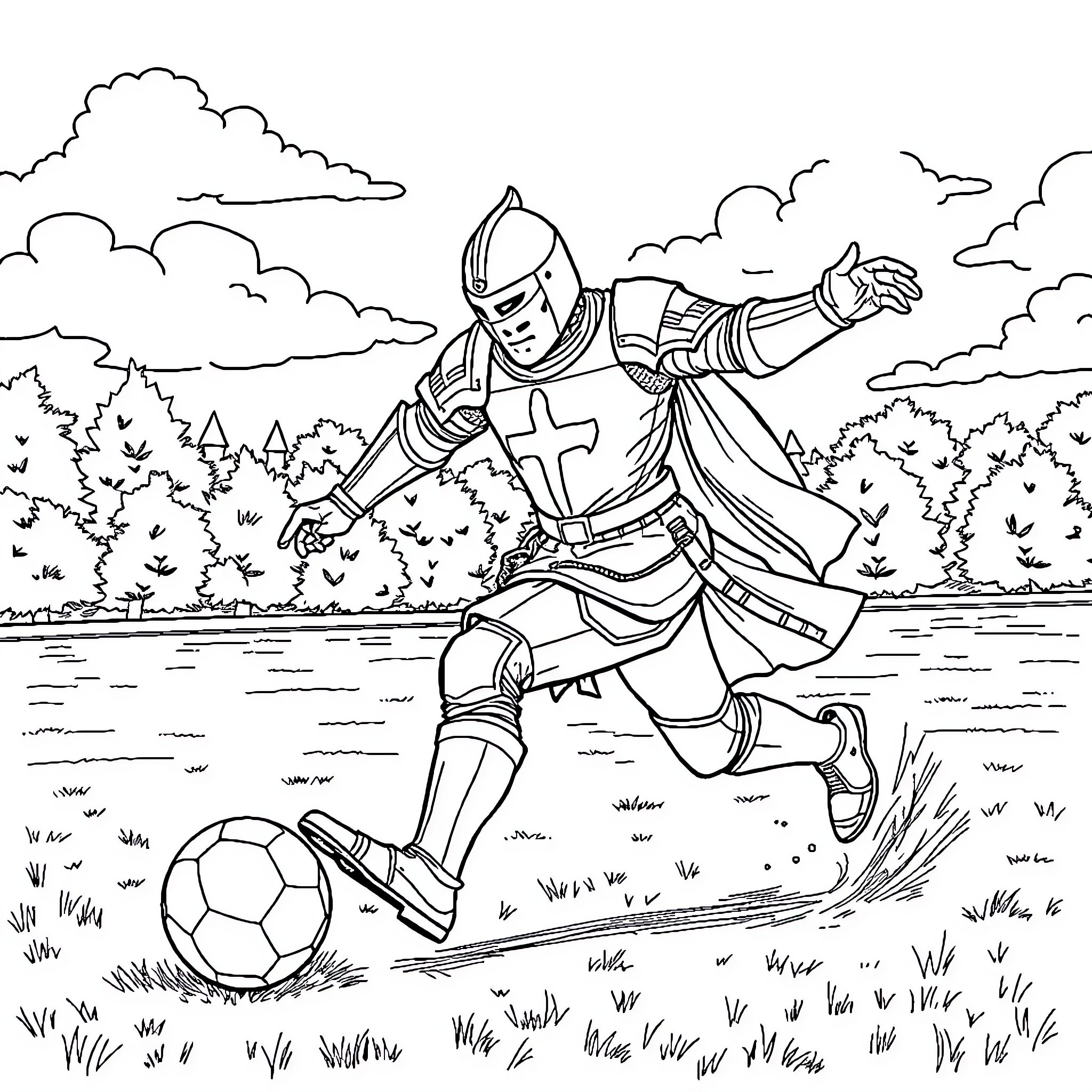 Knight kicking soccer ball across enchanted field Coloring Page (free black-and-white line drawing printable PDF for all, from beginners to advanced learners, including children, teens, adults, and seniors)
