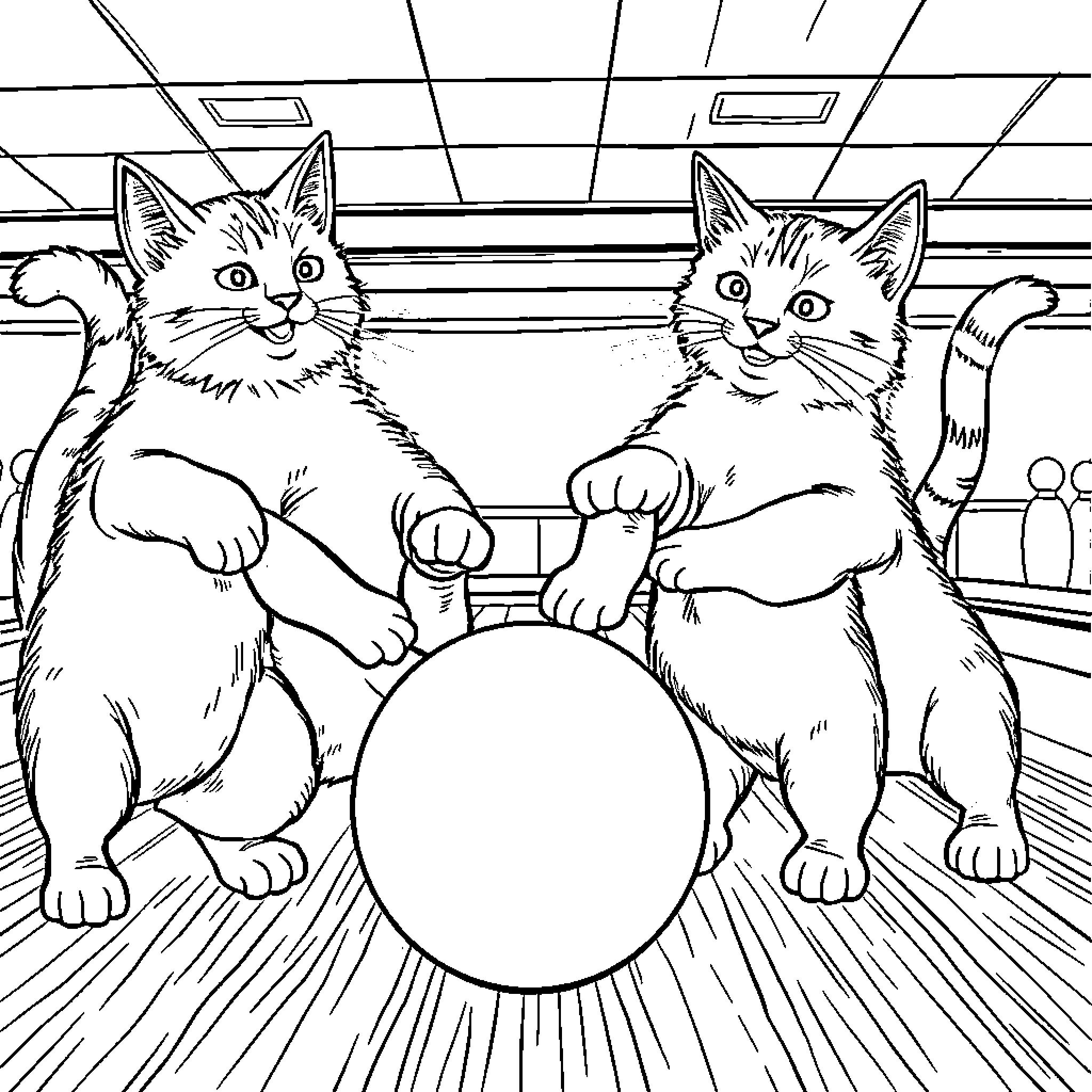 Cat Bowling with Friends in the Alley Coloring Page (free black-and-white line drawing printable PDF for all, from beginners to advanced learners, including children, teens, adults, and seniors)
