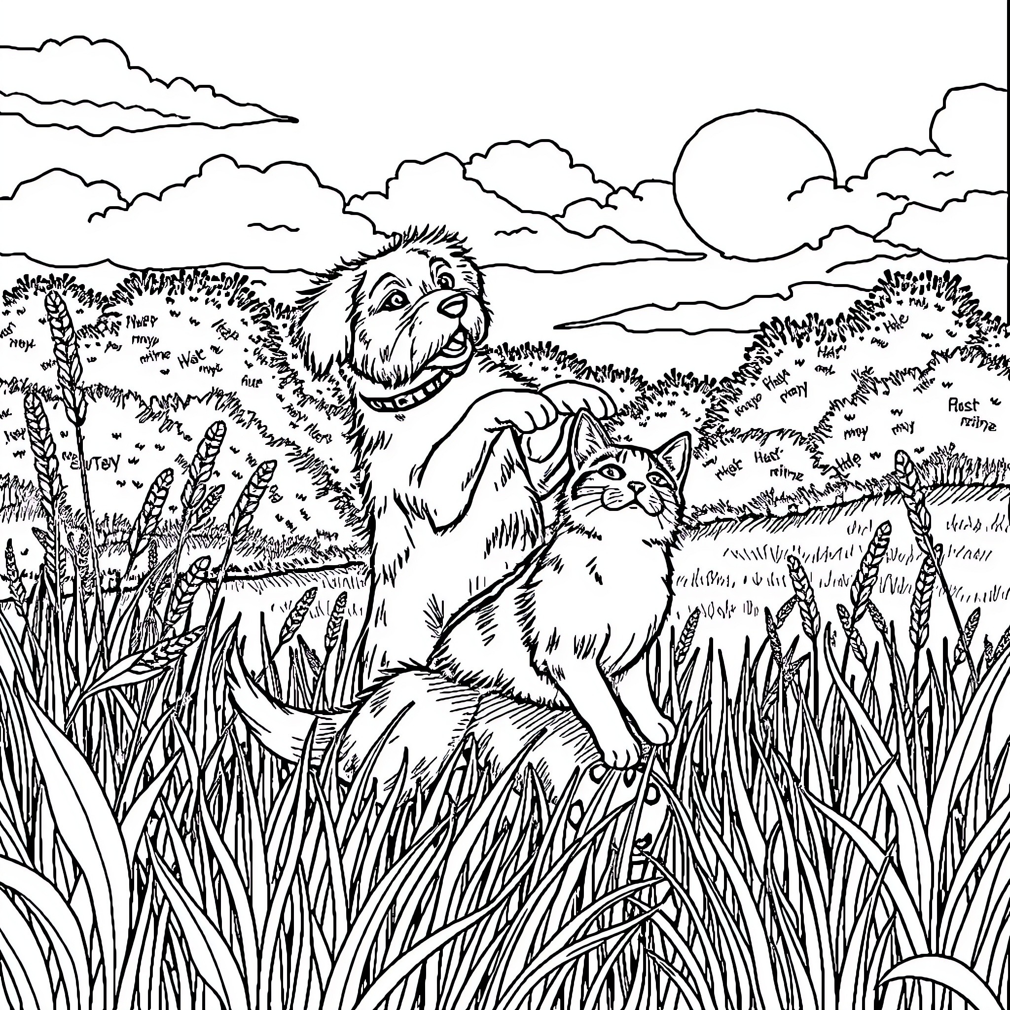 Dog and cat exploring the countryside Coloring Page (free black-and-white line drawing printable PDF for all, from beginners to advanced learners, including children, teens, adults, and seniors)