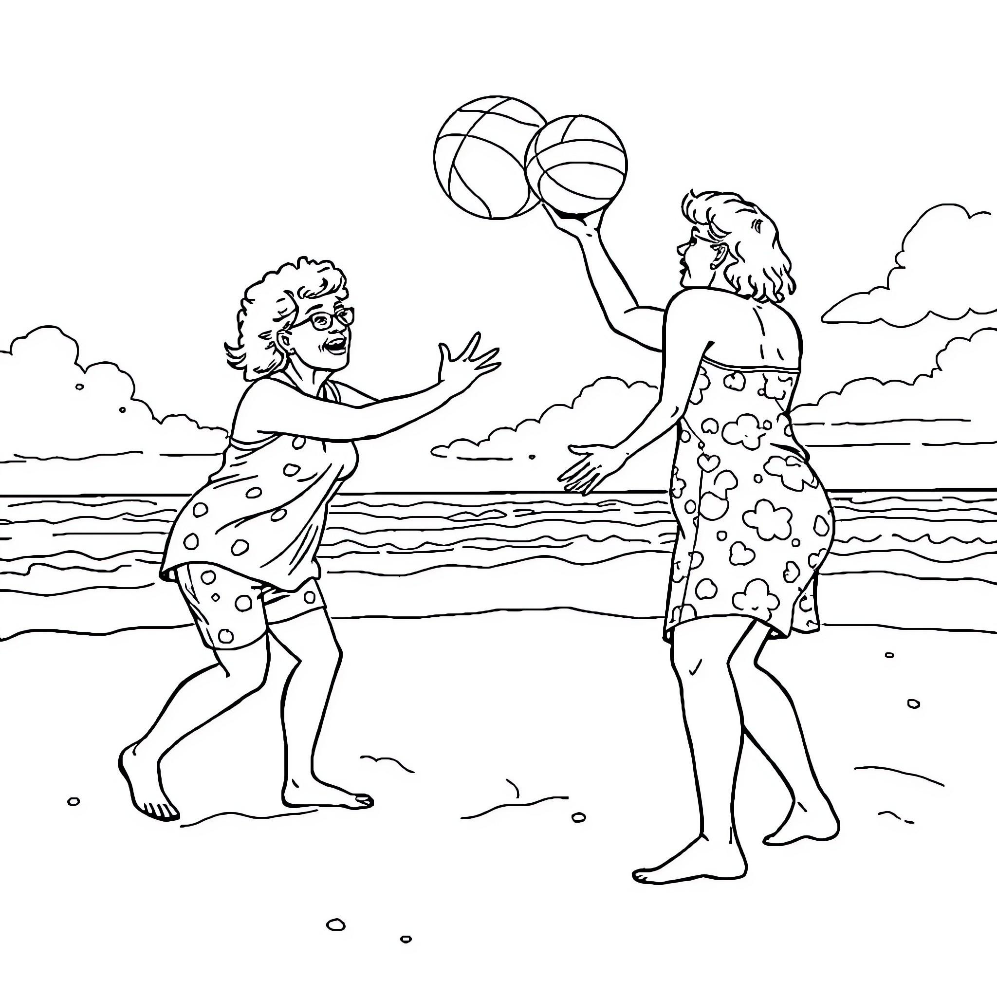 Grandmother and granddaughter playing beach ball together Coloring Page (free black-and-white line drawing printable PDF for all, from beginners to advanced learners, including children, teens, adults, and seniors)
