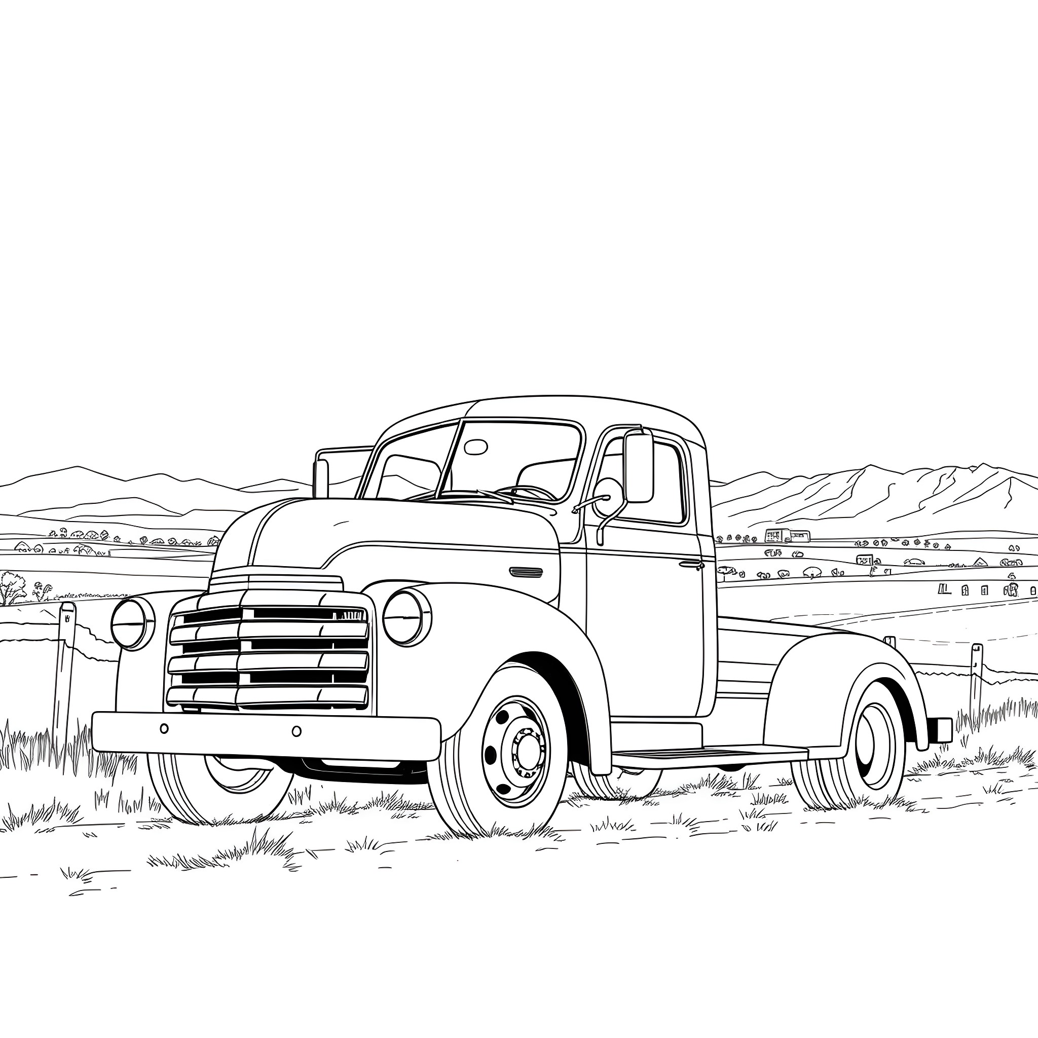 Truck parked in rural landscape Coloring Page (free black-and-white line drawing printable PDF for all, from beginners to advanced learners, including children, teens, adults, and seniors)