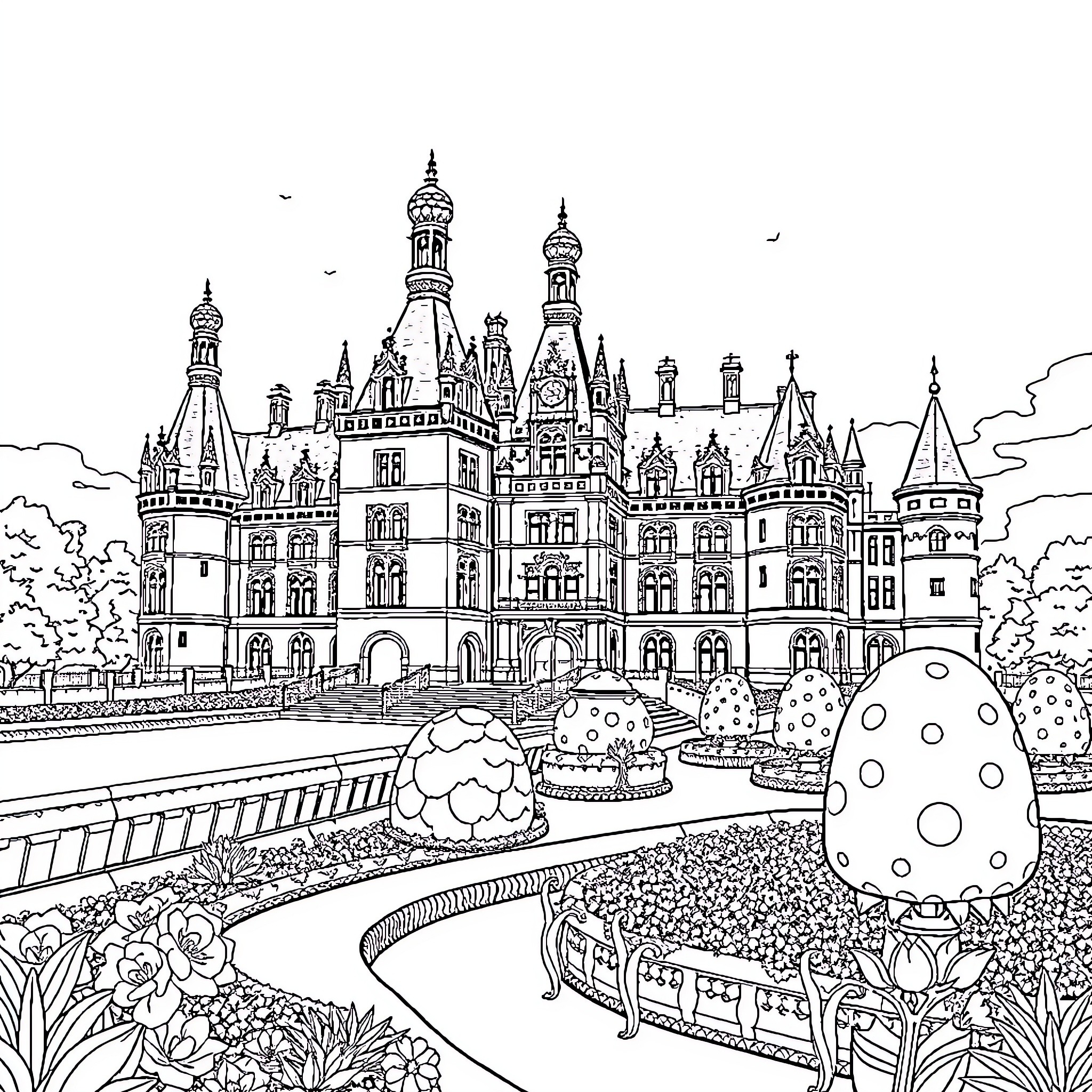 Château of Whimsical Architecture and Playful Elements Coloring Page (free black-and-white line drawing printable PDF for all, from beginners to advanced learners, including children, teens, adults, and seniors)