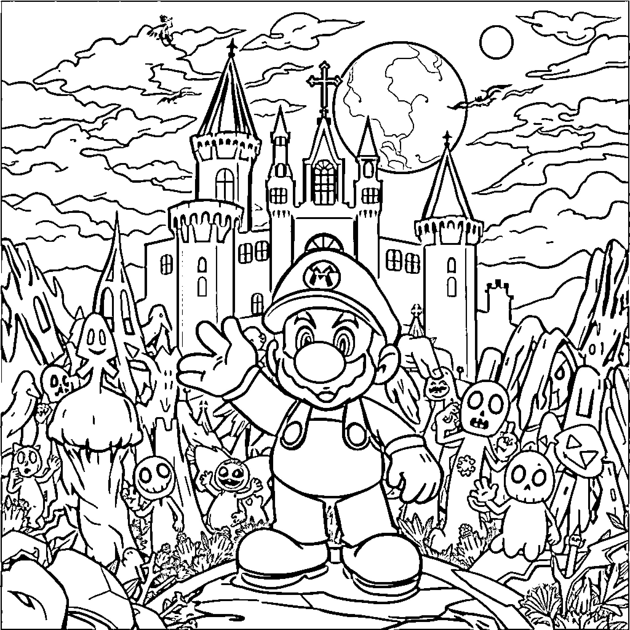 Mario's Magical Castle Adventure Coloring Page (free black-and-white line drawing printable PDF for all, from beginners to advanced learners, including children, teens, adults, and seniors)