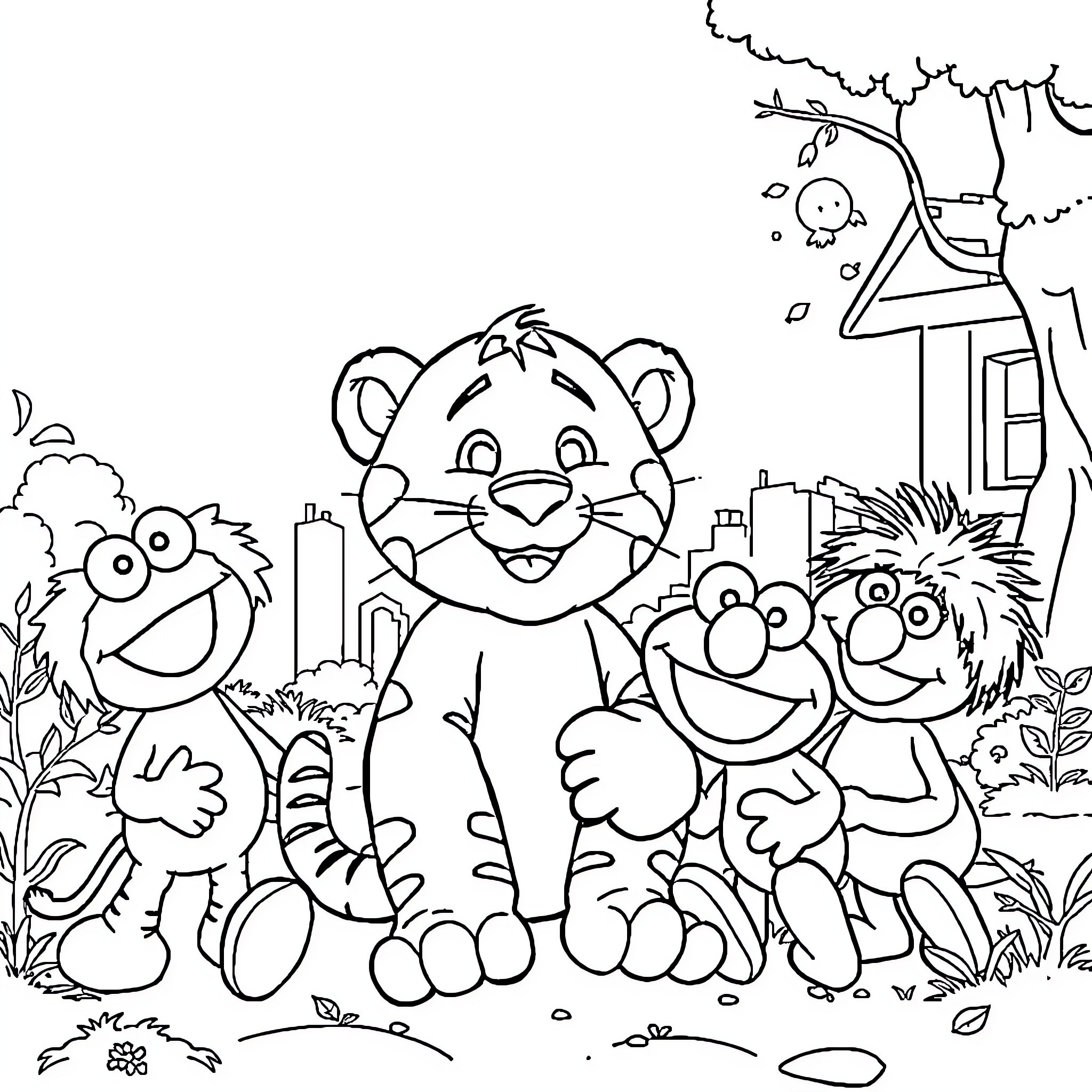Sesame Street Friends Explore the Outdoors Coloring Page (free black-and-white line drawing printable PDF for all, from beginners to advanced learners, including children, teens, adults, and seniors)