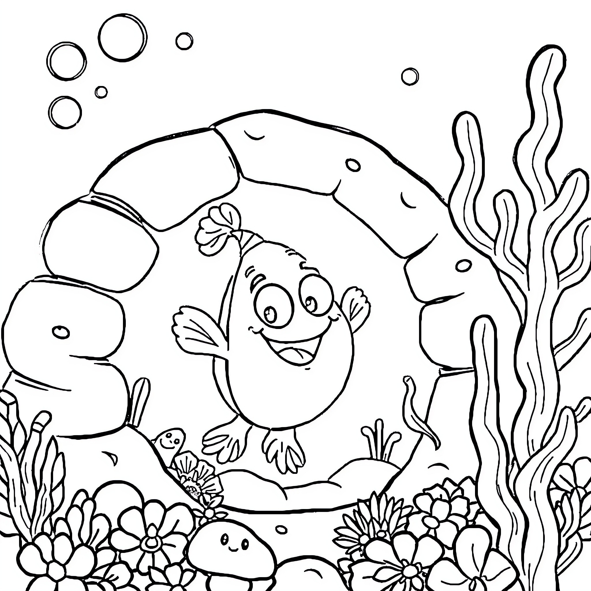 Spongebob exploring an underwater coral reef Coloring Page (free black-and-white line drawing printable PDF for all, from beginners to advanced learners, including children, teens, adults, and seniors)