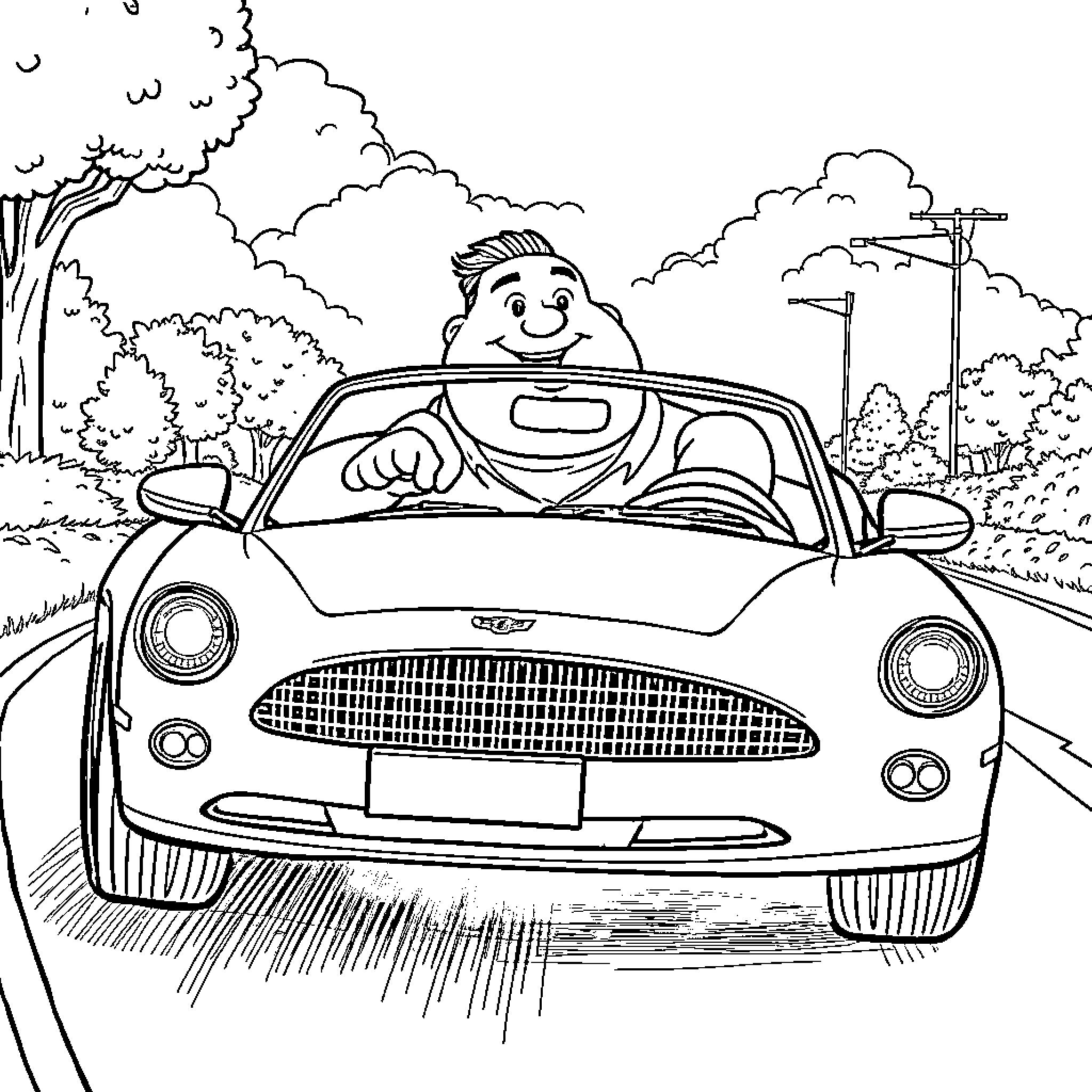 Guy happily driving his retro convertible car Coloring Page (free black-and-white line drawing printable PDF for all, from beginners to advanced learners, including children, teens, adults, and seniors)
