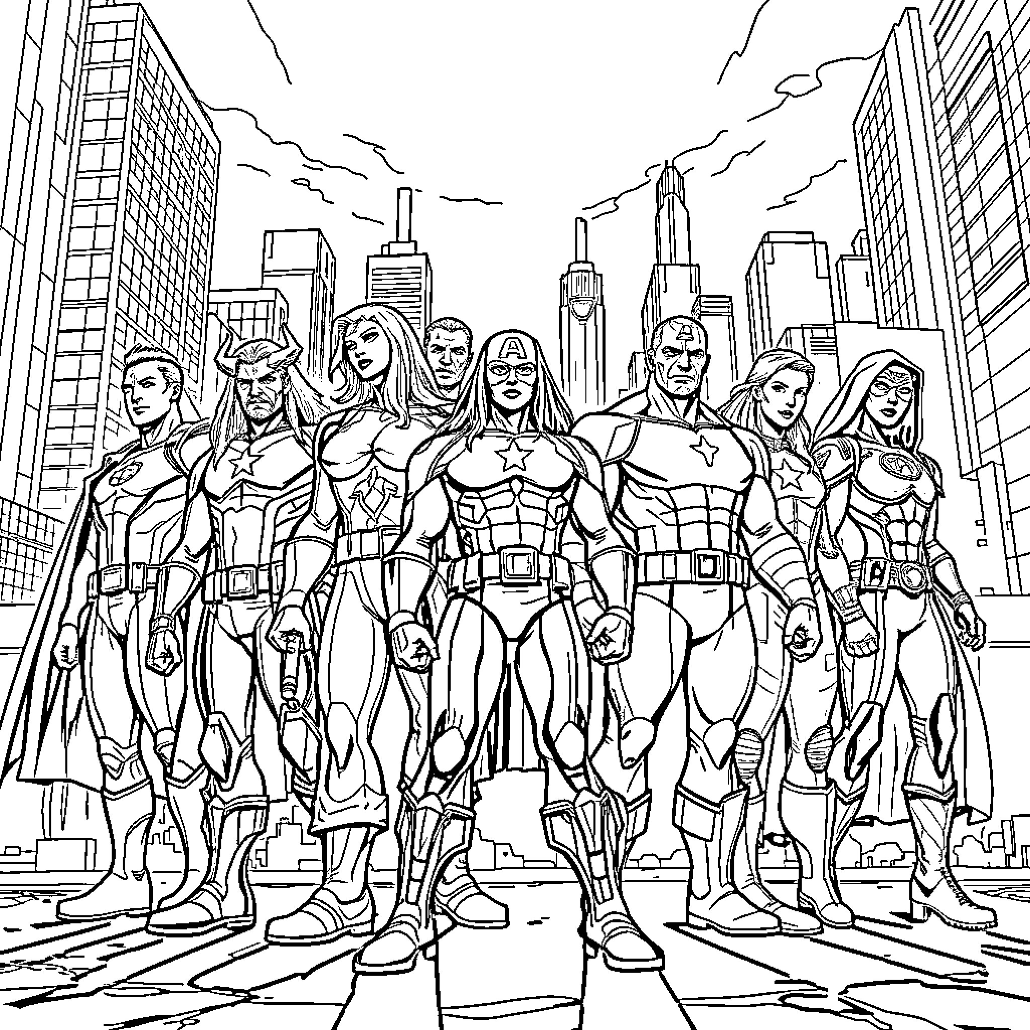 Avenger heroes unite in the city skyline Coloring Page (free black-and-white line drawing printable PDF for all, from beginners to advanced learners, including children, teens, adults, and seniors)
