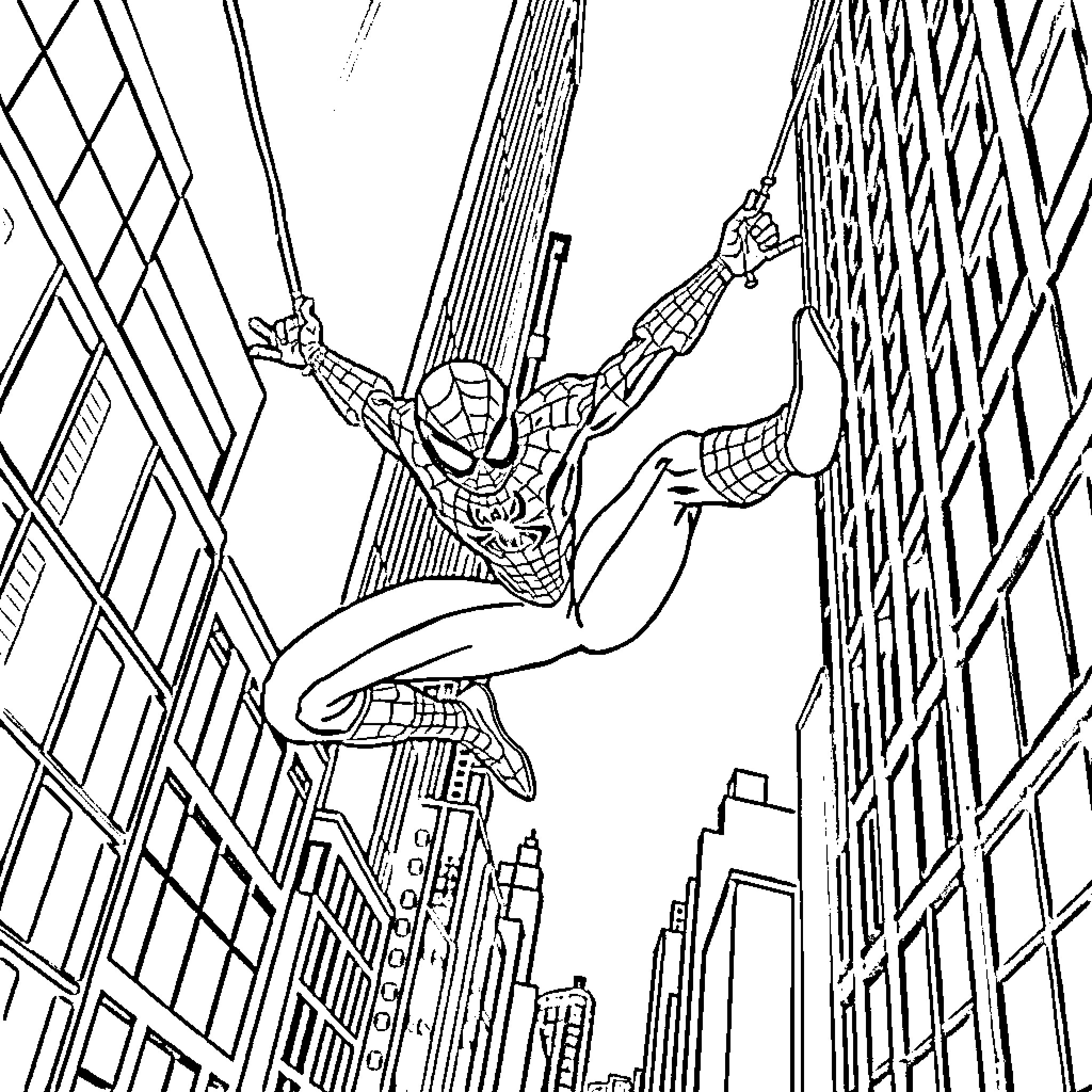 Spiderman swinging through the city skyline Coloring Page (free black-and-white line drawing printable PDF for all, from beginners to advanced learners, including children, teens, adults, and seniors)