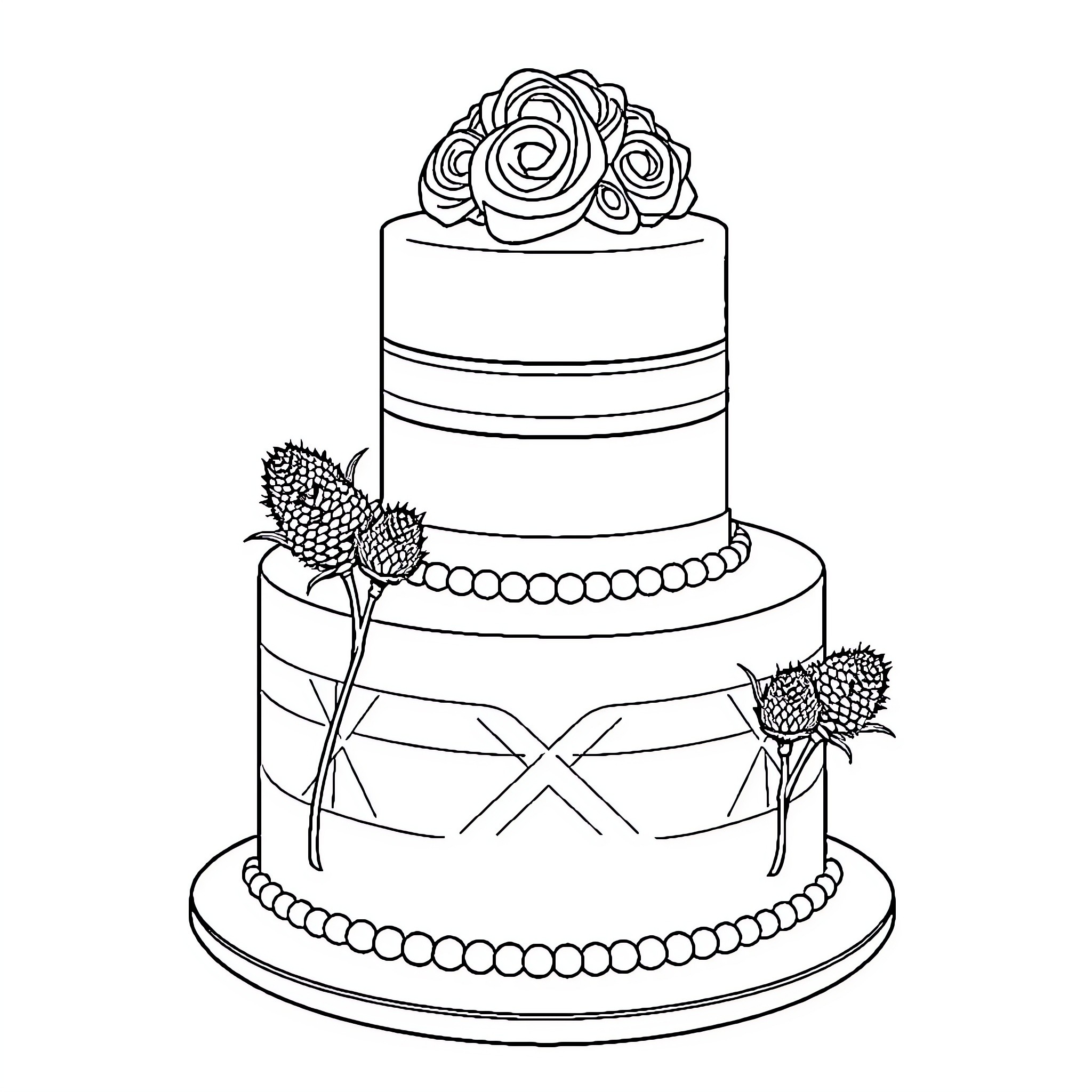 Wedding Cake with Floral Decorations Coloring Page (free black-and-white line drawing printable PDF for all, from beginners to advanced learners, including children, teens, adults, and seniors)