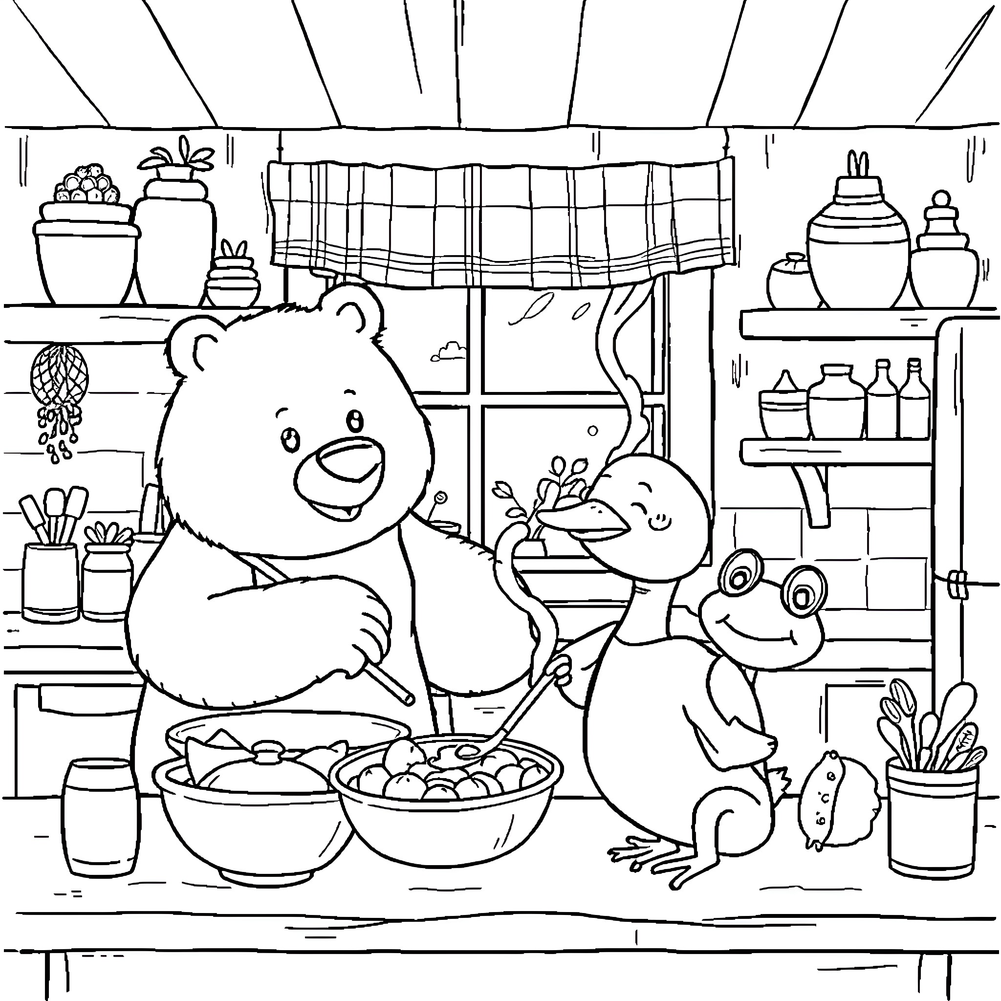 Bear friends enjoying a cozy kitchen scene Coloring Page (free black-and-white line drawing printable PDF for all, from beginners to advanced learners, including children, teens, adults, and seniors)