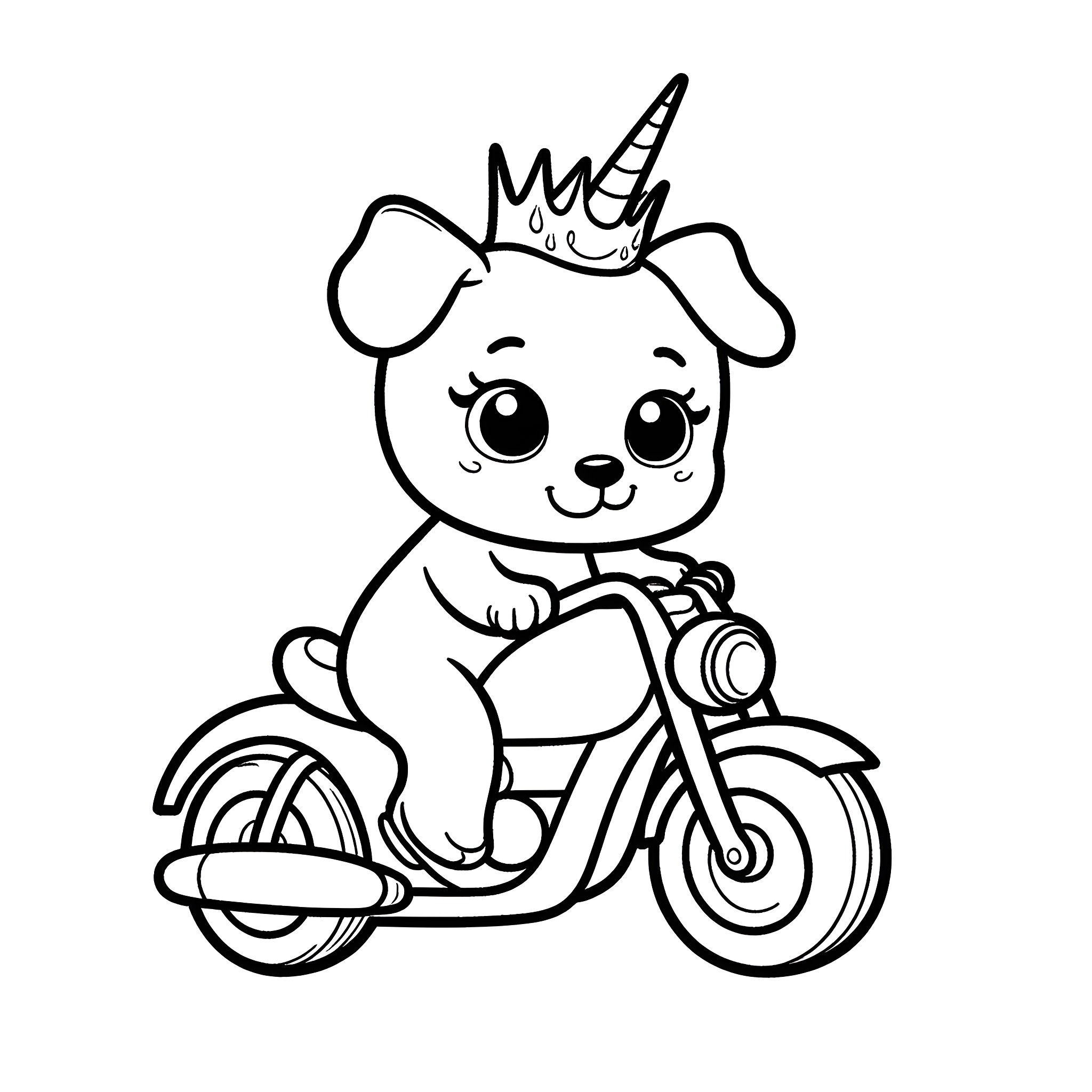 Puppy riding a motorcycle with a crown Coloring Page (free black-and-white line drawing printable PDF for all, from beginners to advanced learners, including children, teens, adults, and seniors)