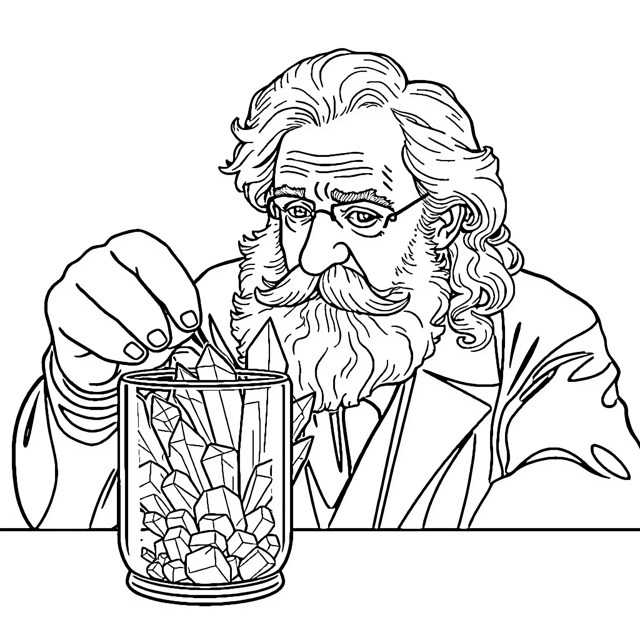 Nietzsche with Crystalline Goblet Coloring Page (free black-and-white line drawing printable PDF for all, from beginners to advanced learners, including children, teens, adults, and seniors)