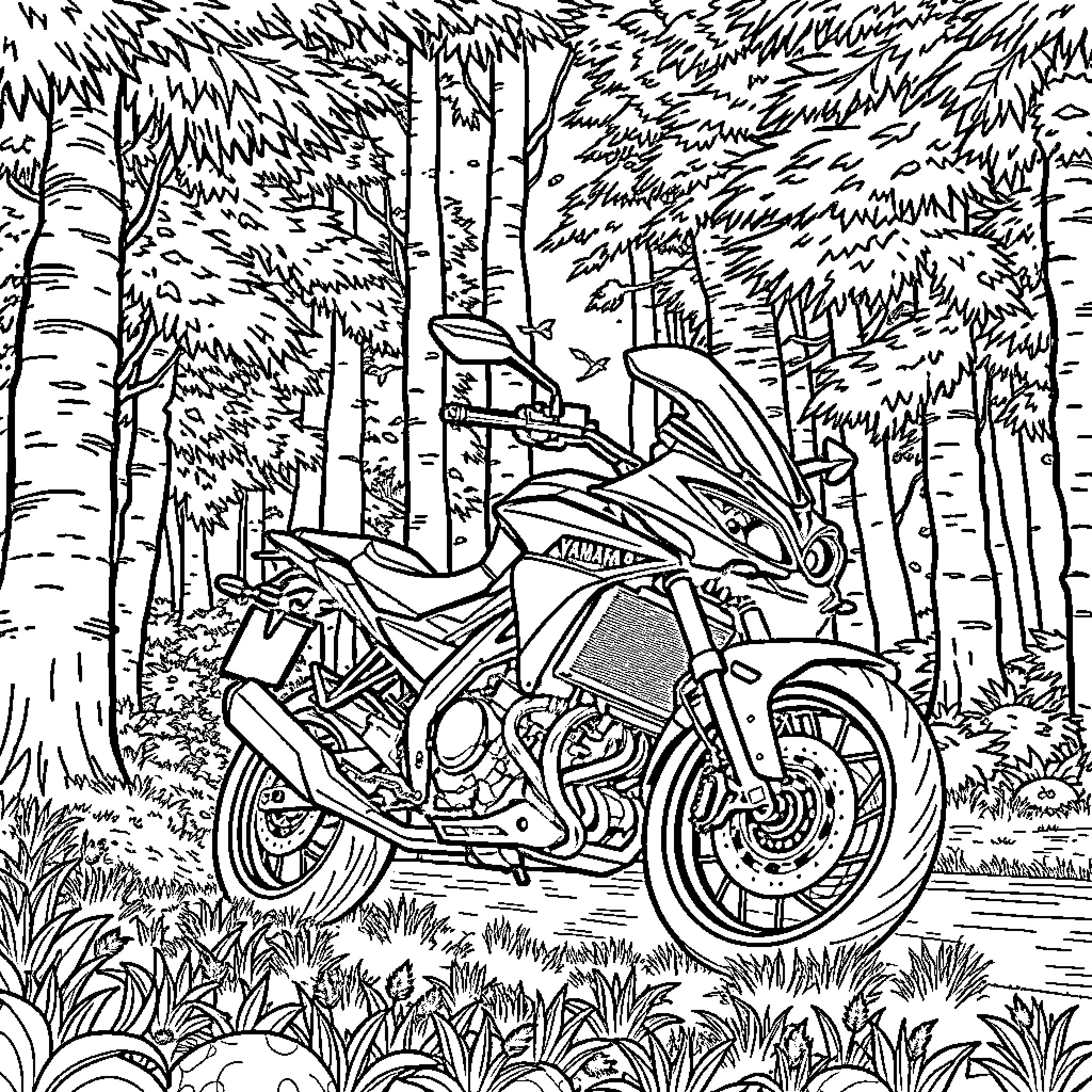 Yamaha Tracer motorcycle in the forest Coloring Page (free black-and-white line drawing printable PDF for all, from beginners to advanced learners, including children, teens, adults, and seniors)