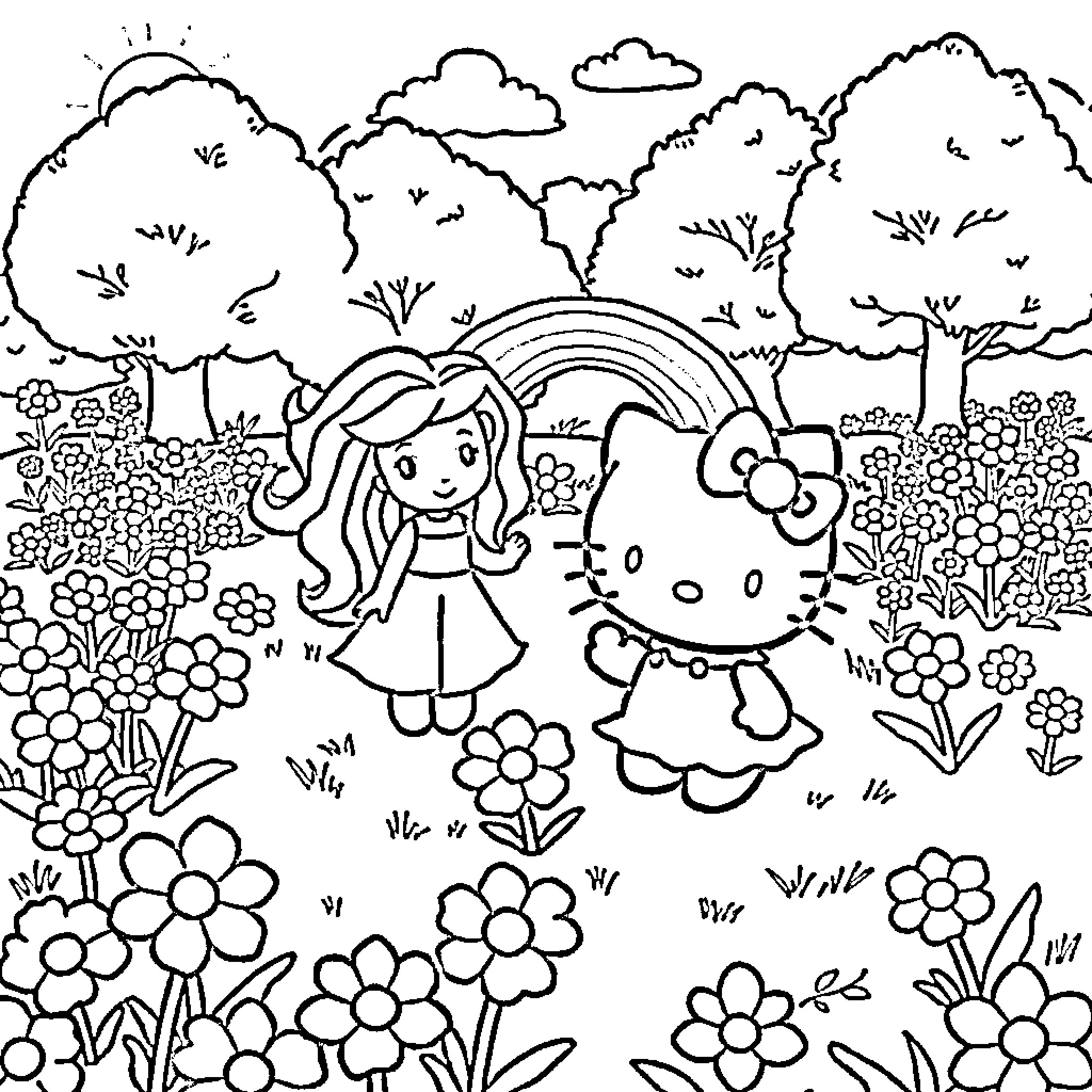 Hello Kitty and Friend Explore a Floral Garden Coloring Page (free black-and-white line drawing printable PDF for all, from beginners to advanced learners, including children, teens, adults, and seniors)