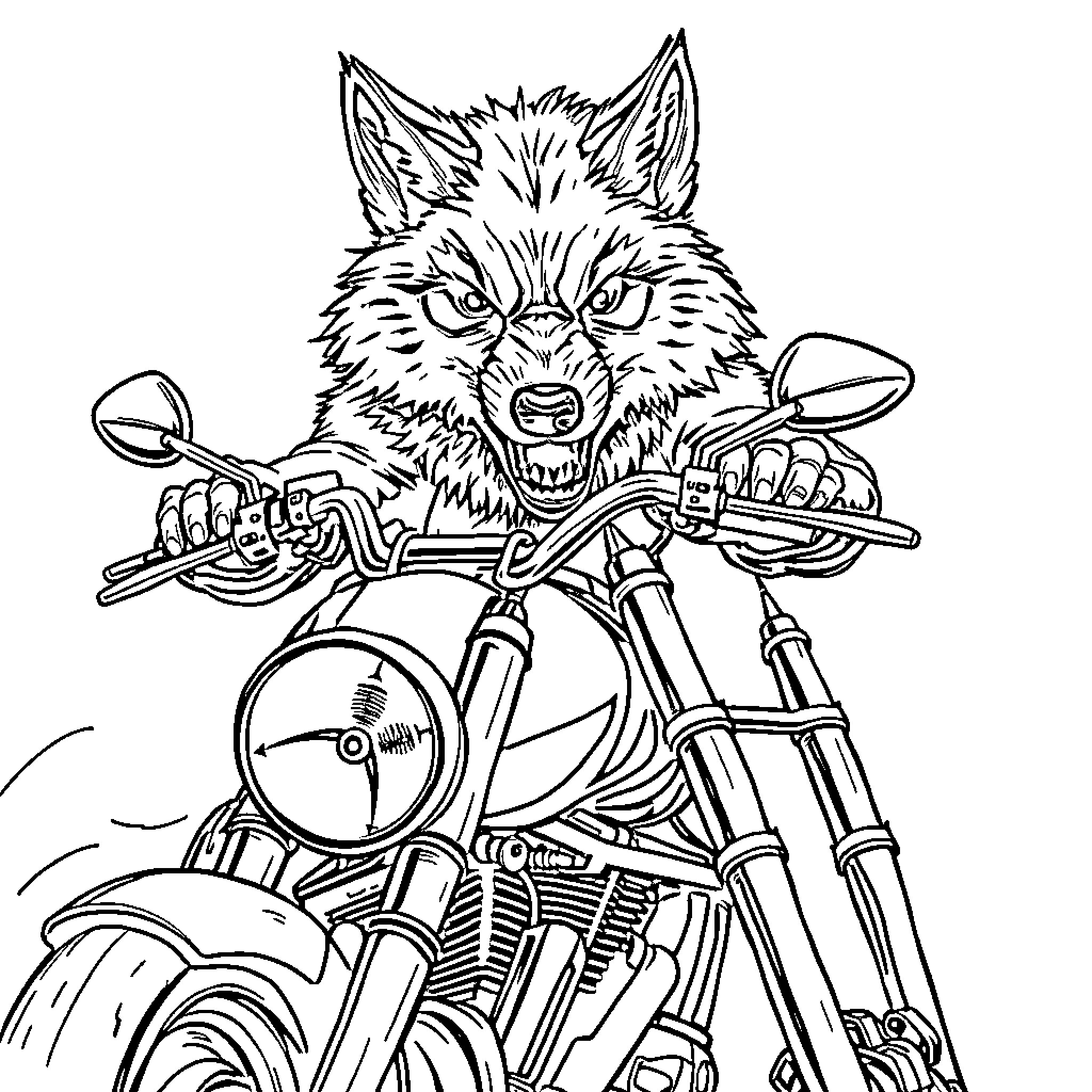 Wolf riding a motorcycle with a menacing expression Coloring Page (free black-and-white line drawing printable PDF for all, from beginners to advanced learners, including children, teens, adults, and seniors)