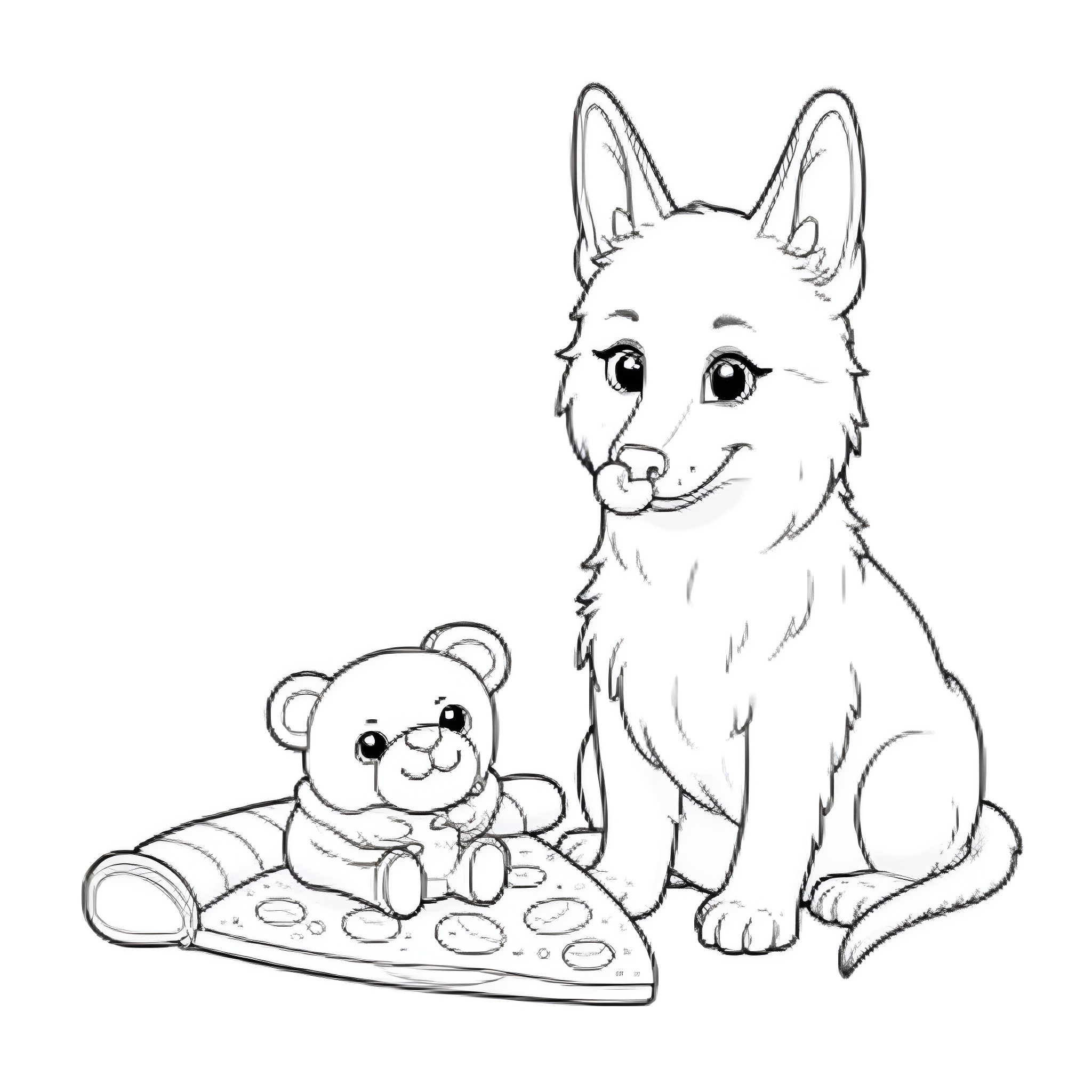 Worm and cuddly animal enjoying pizza together Coloring Page (free black-and-white line drawing printable PDF for all, from beginners to advanced learners, including children, teens, adults, and seniors)