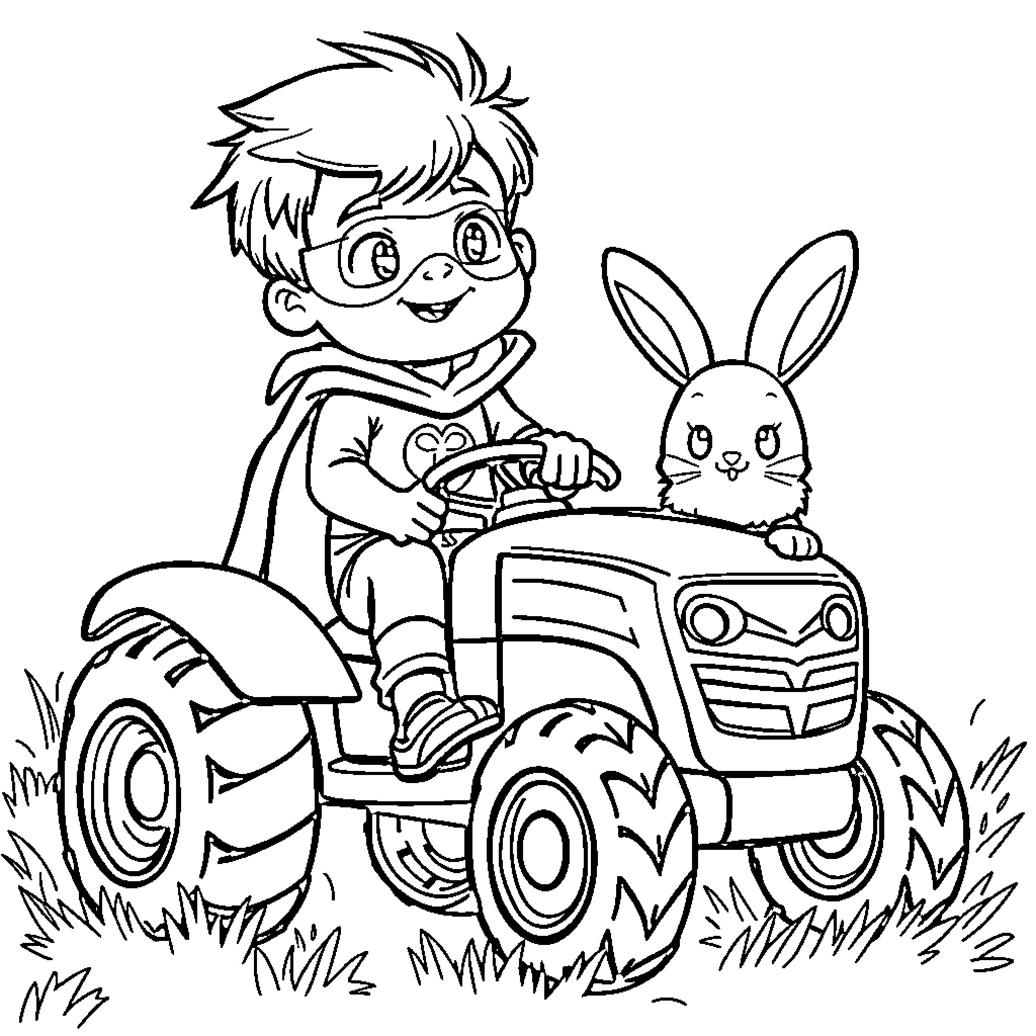 Superhero boy riding tractor with a rabbit Coloring Page (free black-and-white line drawing printable PDF for all, from beginners to advanced learners, including children, teens, adults, and seniors)