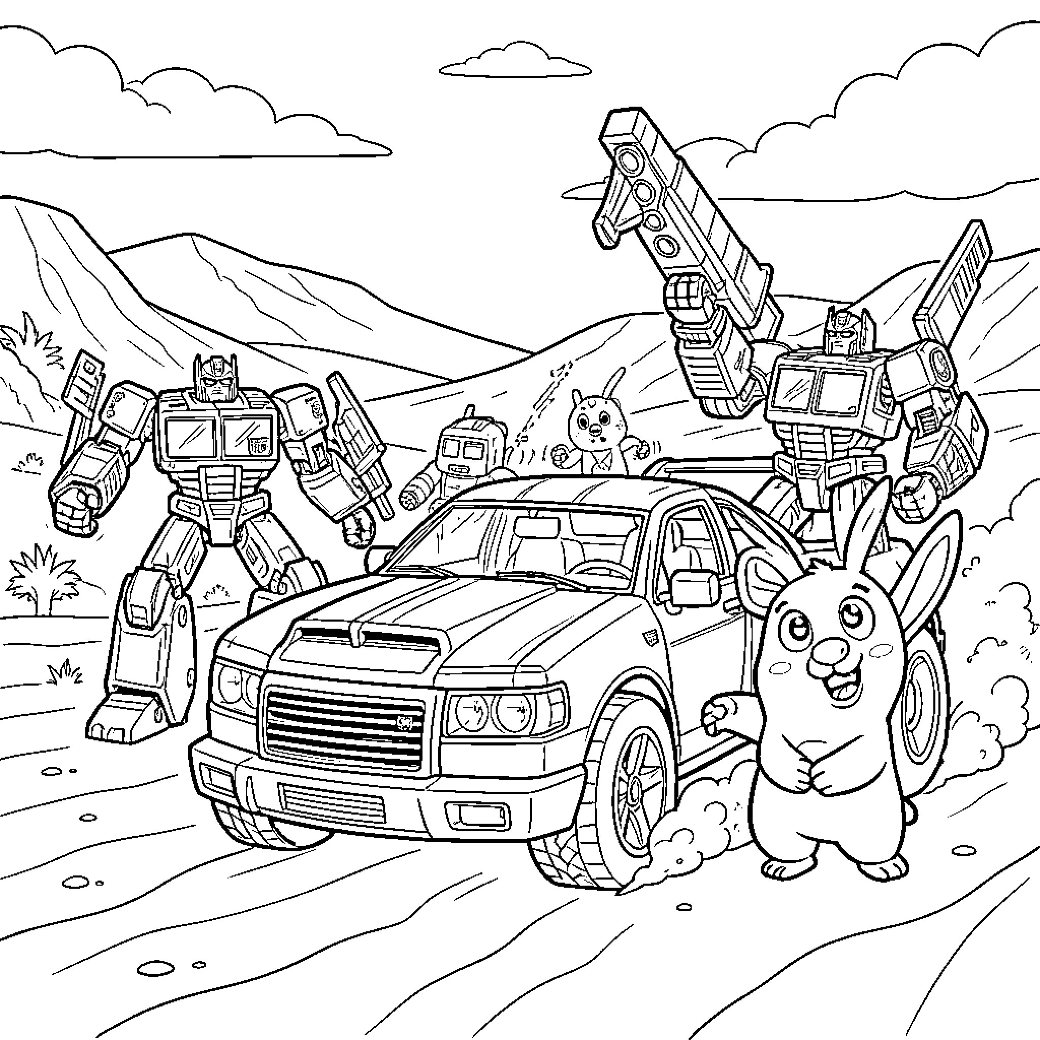 Flash of Robots and Vehicles in the Mountains Coloring Page (free black-and-white line drawing printable PDF for all, from beginners to advanced learners, including children, teens, adults, and seniors)