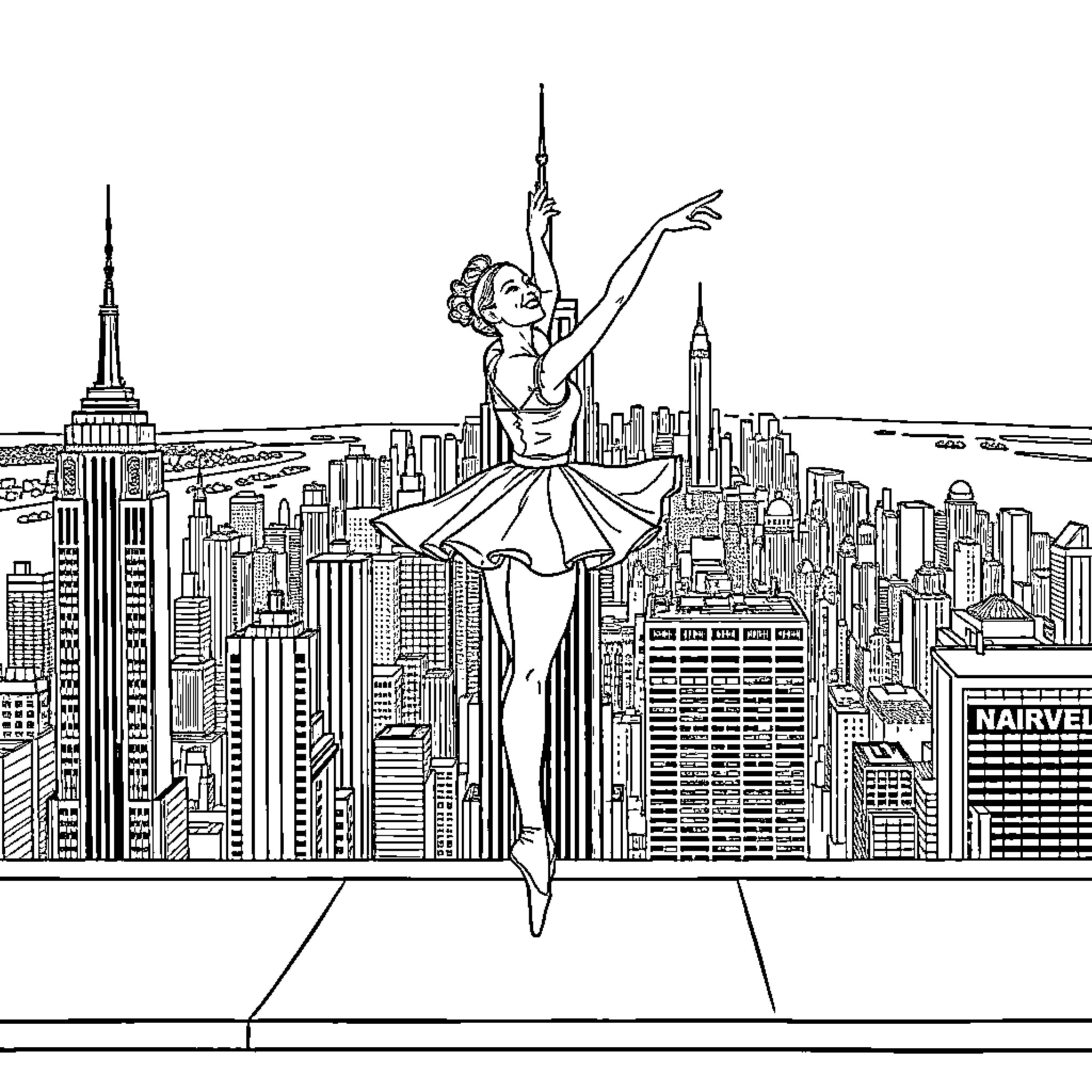 Ballerina dancing gracefully on skyscraper skyline Coloring Page (free black-and-white line drawing printable PDF for all, from beginners to advanced learners, including children, teens, adults, and seniors)