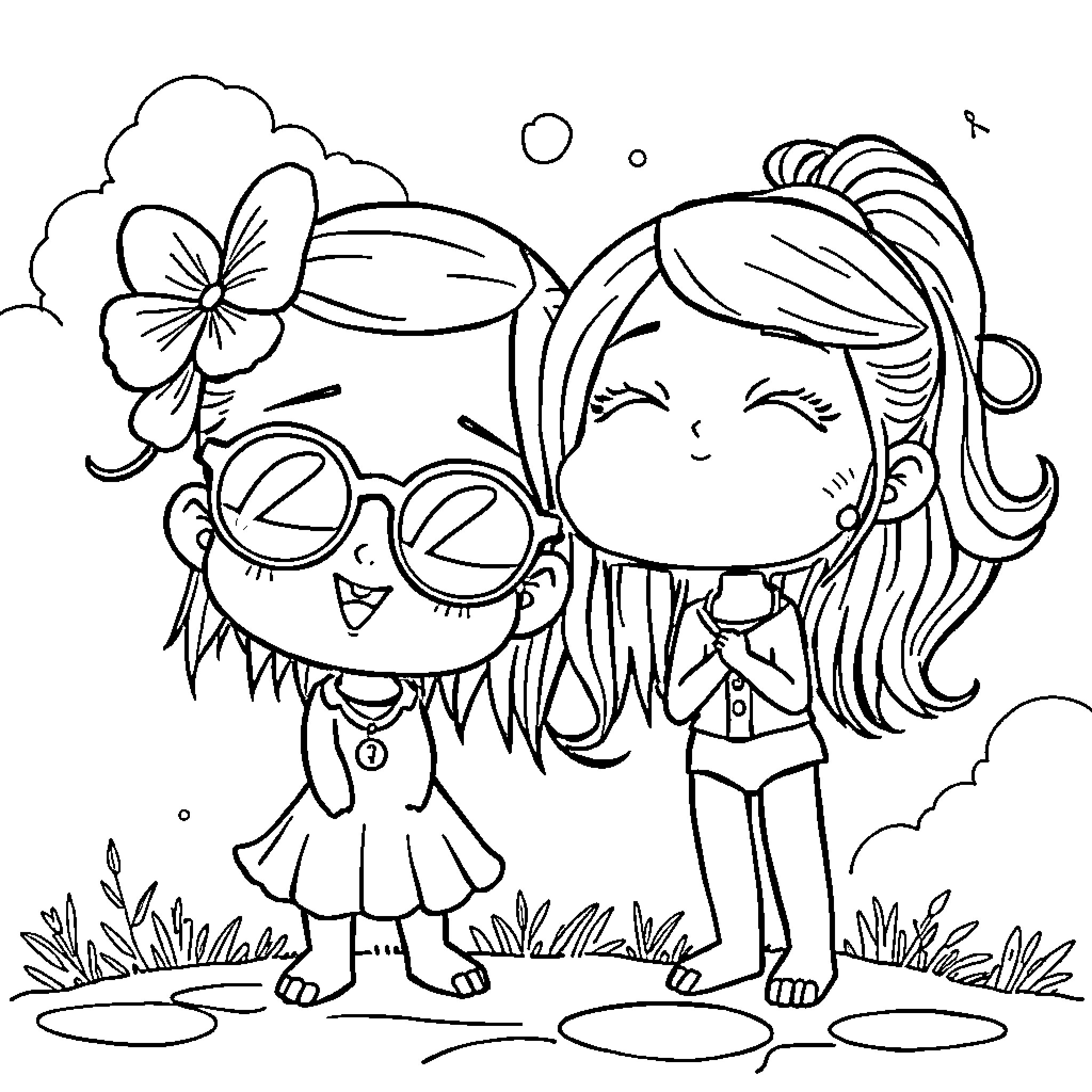 Amiga friends enjoying a sunny day outdoors Coloring Page (free black-and-white line drawing printable PDF for all, from beginners to advanced learners, including children, teens, adults, and seniors)