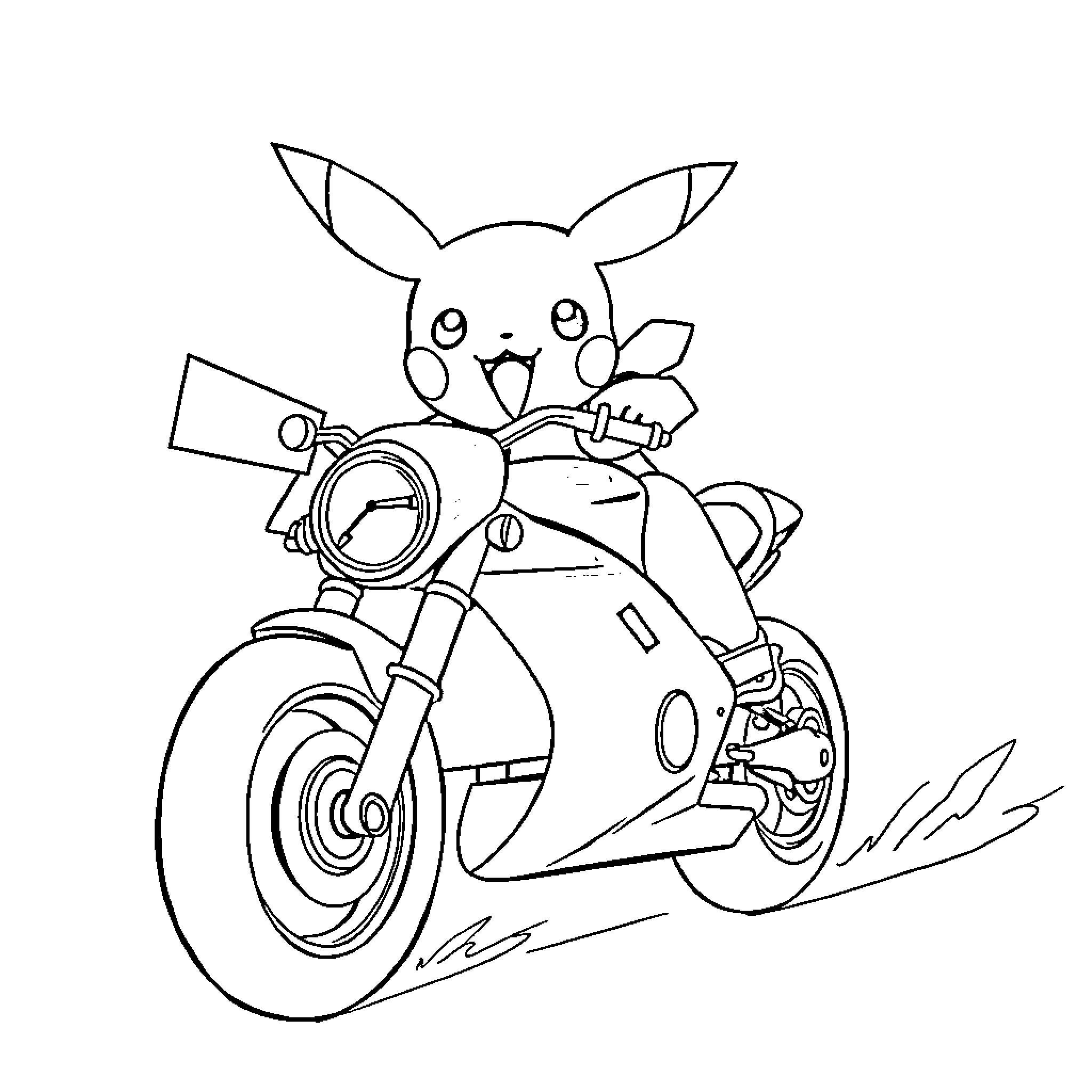 Pikachu riding a cool motorcycle Coloring Page (free black-and-white line drawing printable PDF for all, from beginners to advanced learners, including children, teens, adults, and seniors)