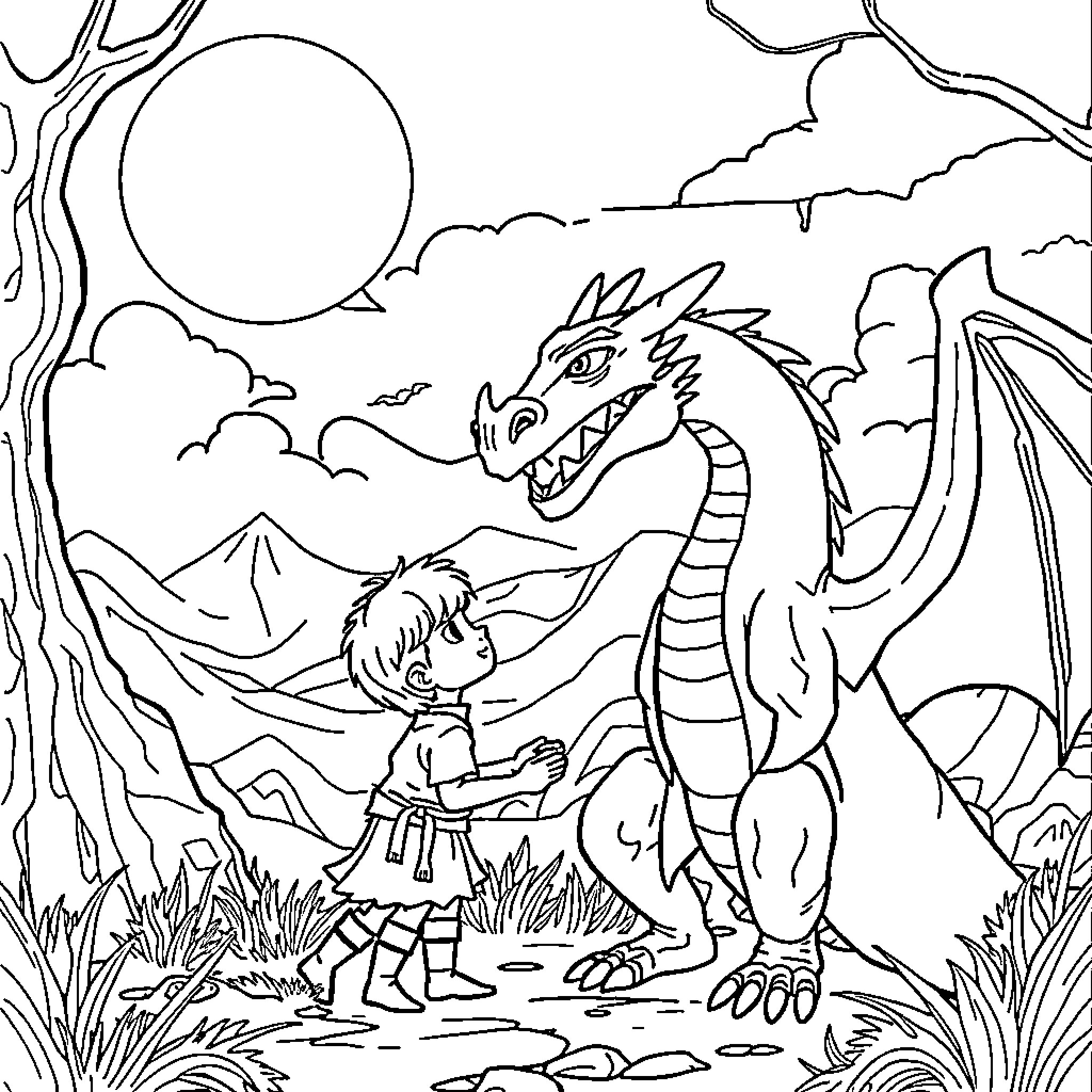Dragon and Child Exploring Magical Landscape Coloring Page (free black-and-white line drawing printable PDF for all, from beginners to advanced learners, including children, teens, adults, and seniors)