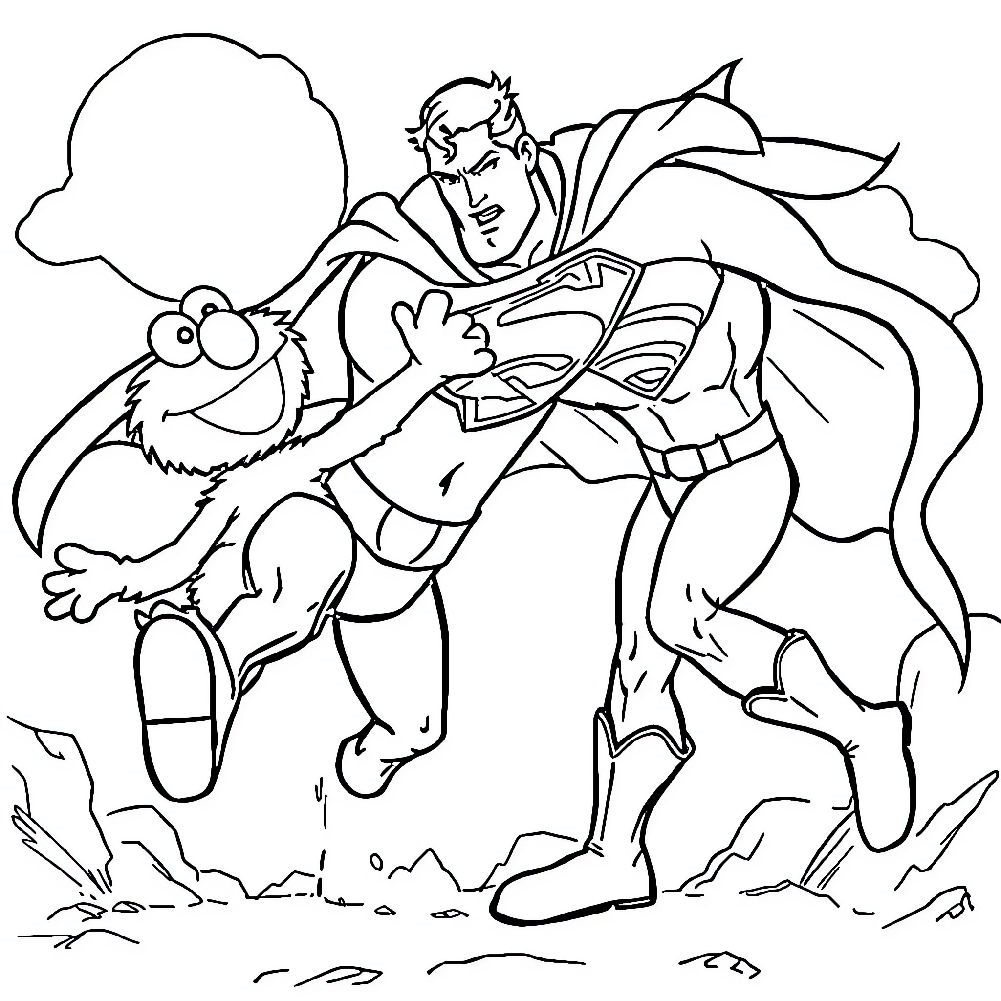 Elmo and superhero working together on adventure Coloring Page (free black-and-white line drawing printable PDF for all, from beginners to advanced learners, including children, teens, adults, and seniors)