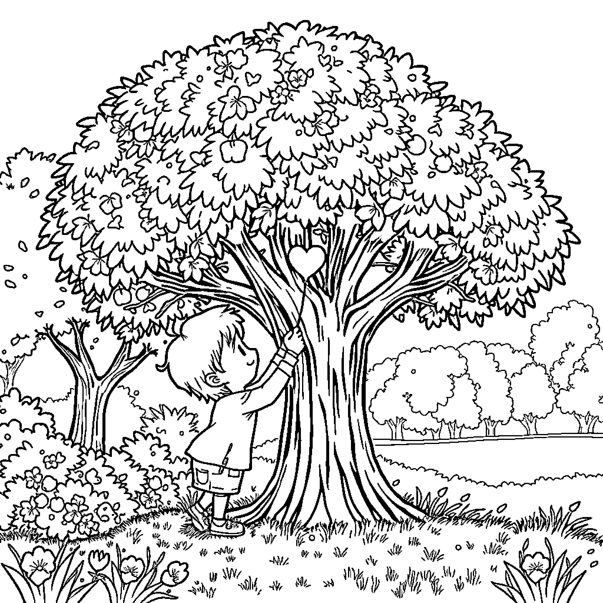 Boy playing in a lush, natural landscape Coloring Page (free black-and-white line drawing printable PDF for all, from beginners to advanced learners, including children, teens, adults, and seniors)