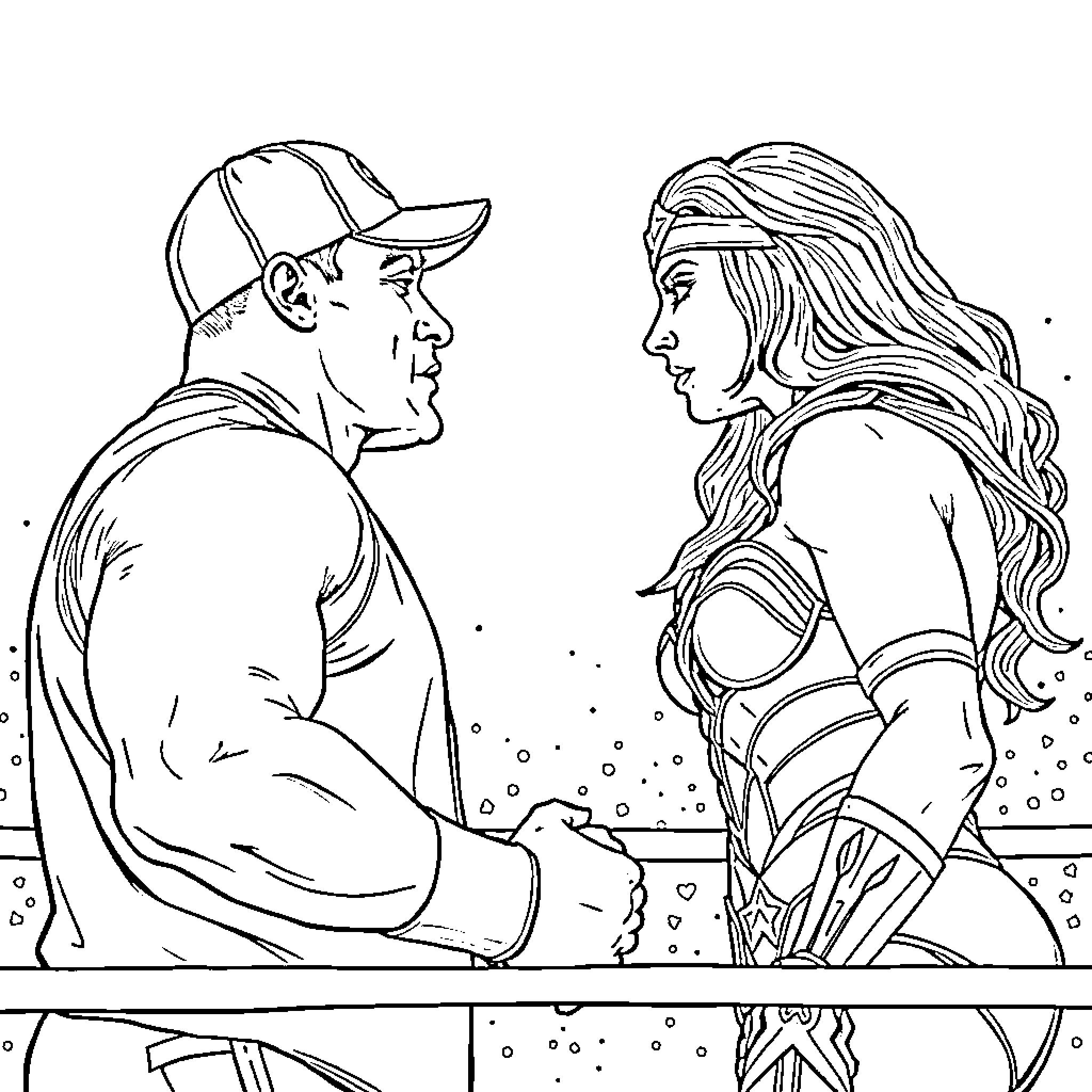 John Cena confronting a female superhero character Coloring Page (free black-and-white line drawing printable PDF for all, from beginners to advanced learners, including children, teens, adults, and seniors)