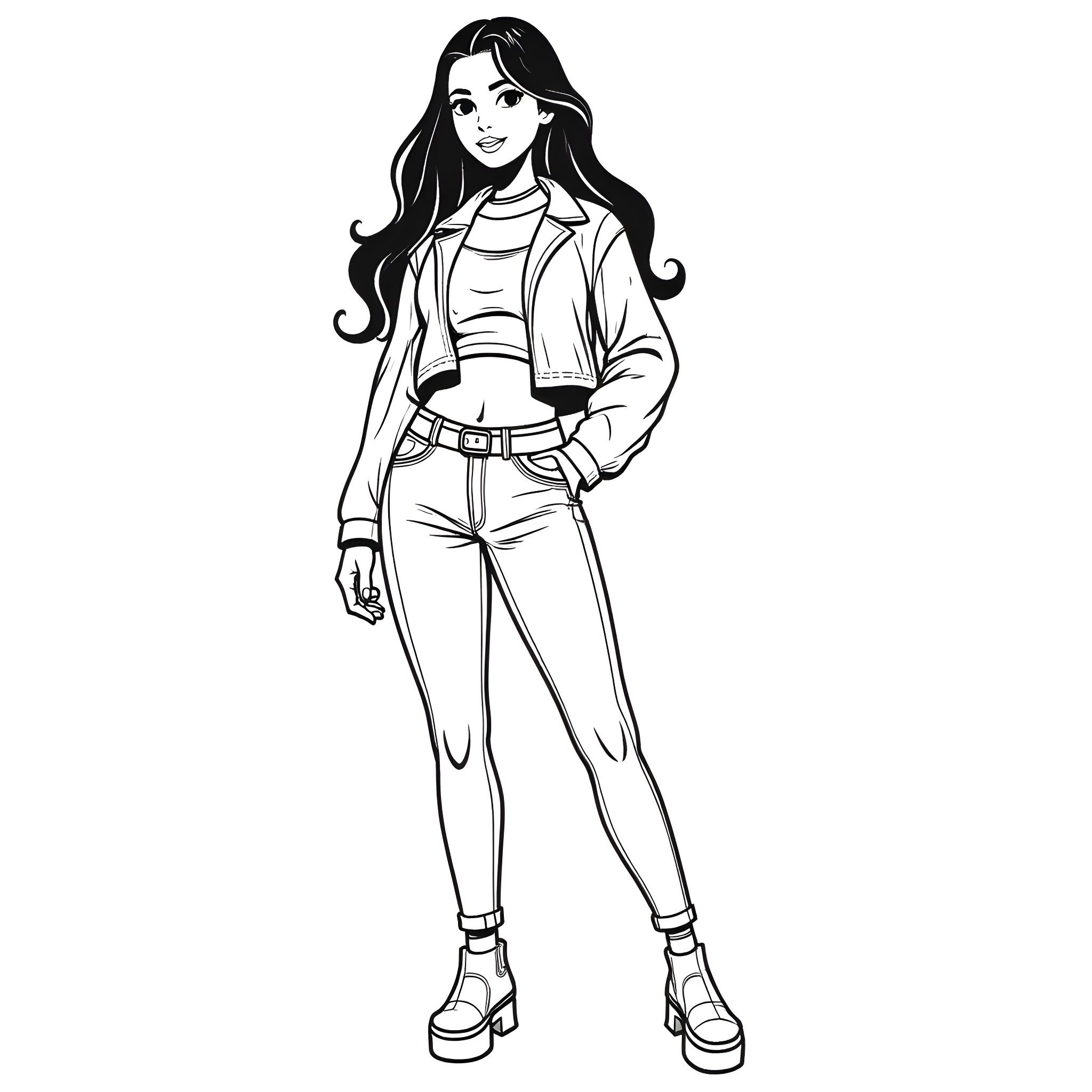 Woman in casual outfit posing confidently Coloring Page (free black-and-white line drawing printable PDF for all, from beginners to advanced learners, including children, teens, adults, and seniors)