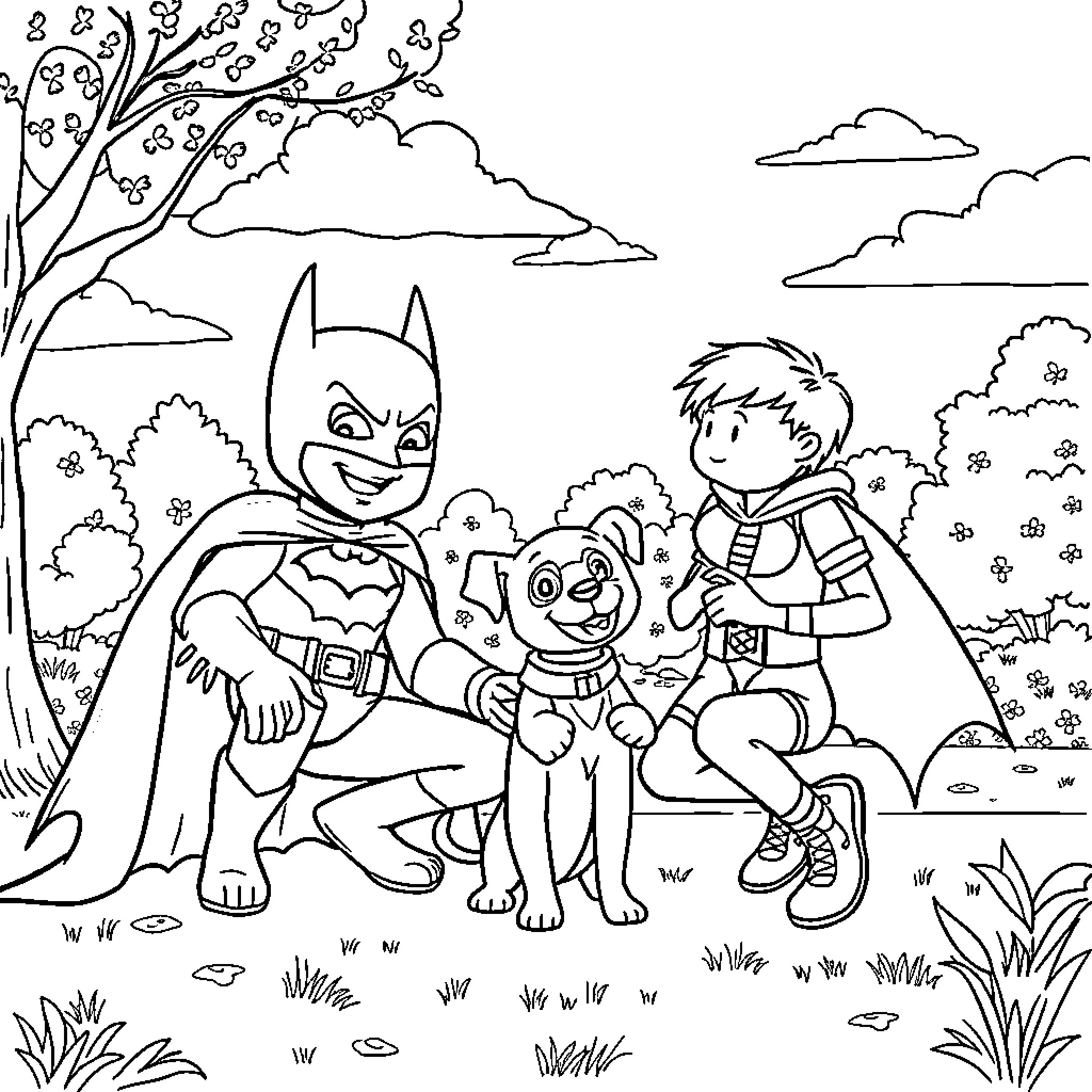Batman and Robin in an outdoor adventure with a pet dog Coloring Page (free black-and-white line drawing printable PDF for all, from beginners to advanced learners, including children, teens, adults, and seniors)