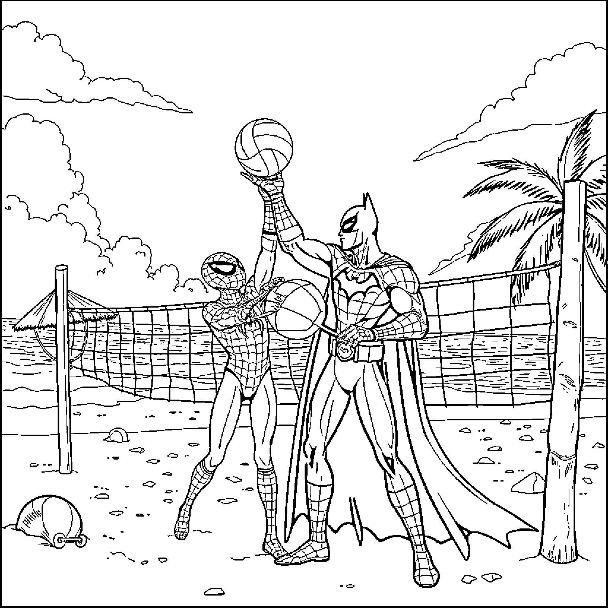 Batman and Spiderman playing volleyball on the beach Coloring Page (free black-and-white line drawing printable PDF for all, from beginners to advanced learners, including children, teens, adults, and seniors)