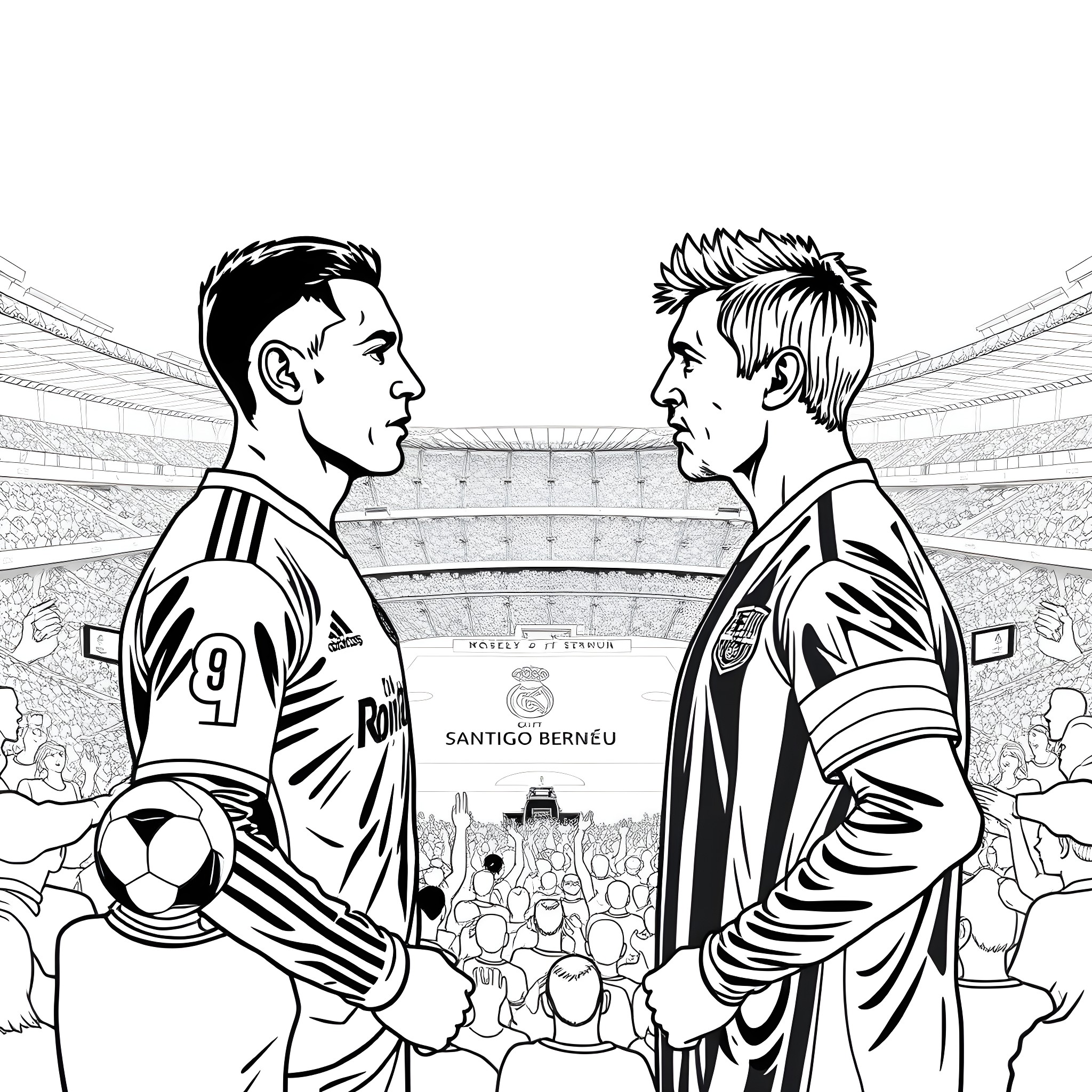 Ronaldo facing off with opposing player on soccer field Coloring Page (free black-and-white line drawing printable PDF for all, from beginners to advanced learners, including children, teens, adults, and seniors)