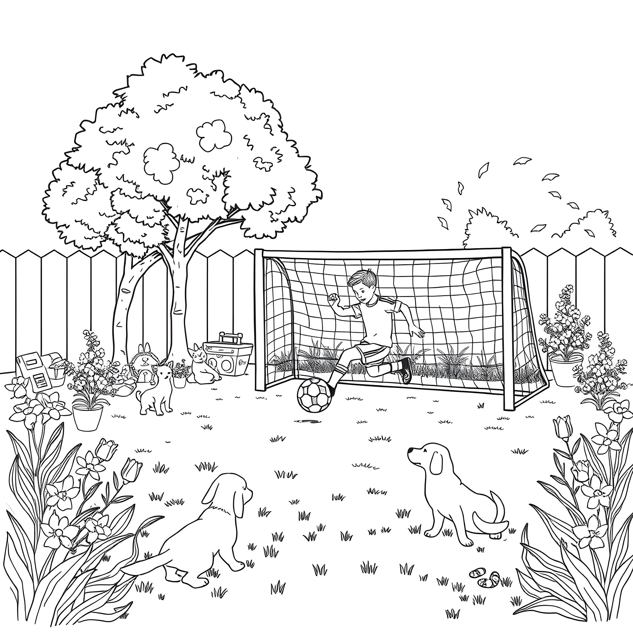 Soccer Player Kicking Ball in Backyard with Dogs Coloring Page (free black-and-white line drawing printable PDF for all, from beginners to advanced learners, including children, teens, adults, and seniors)
