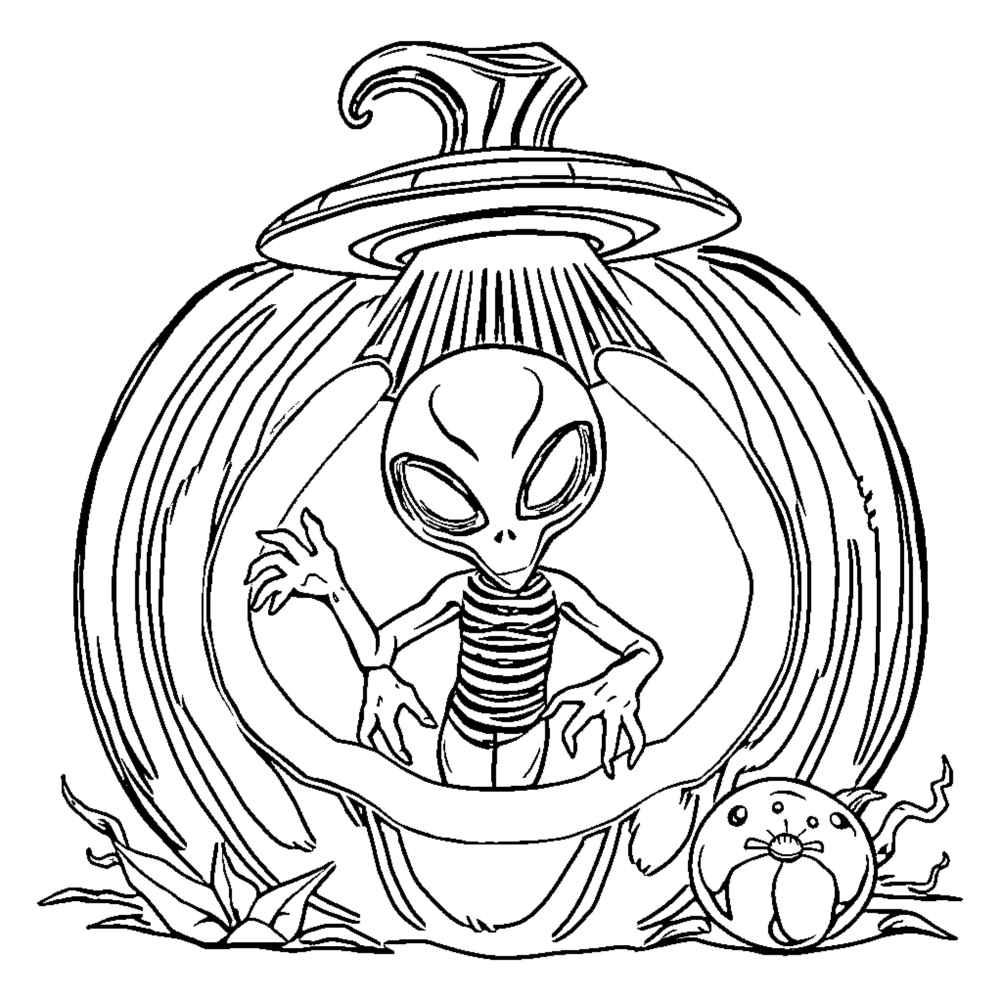 Alien peering from a spooky pumpkin with strange creatures Coloring Page (free black-and-white line drawing printable PDF for all, from beginners to advanced learners, including children, teens, adults, and seniors)