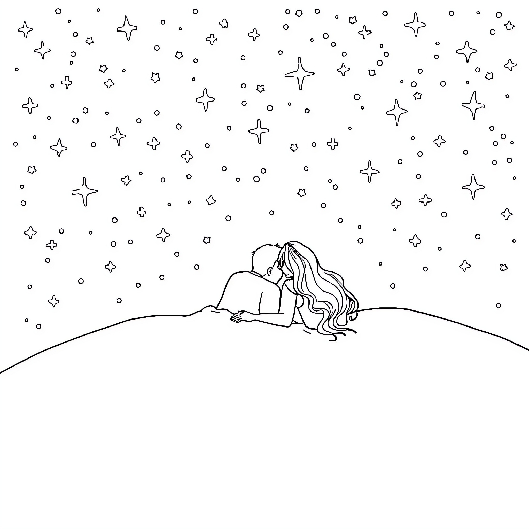 Lovers watching the starry night Coloring Page (free black-and-white line drawing printable PDF for all, from beginners to advanced learners, including children, teens, adults, and seniors)