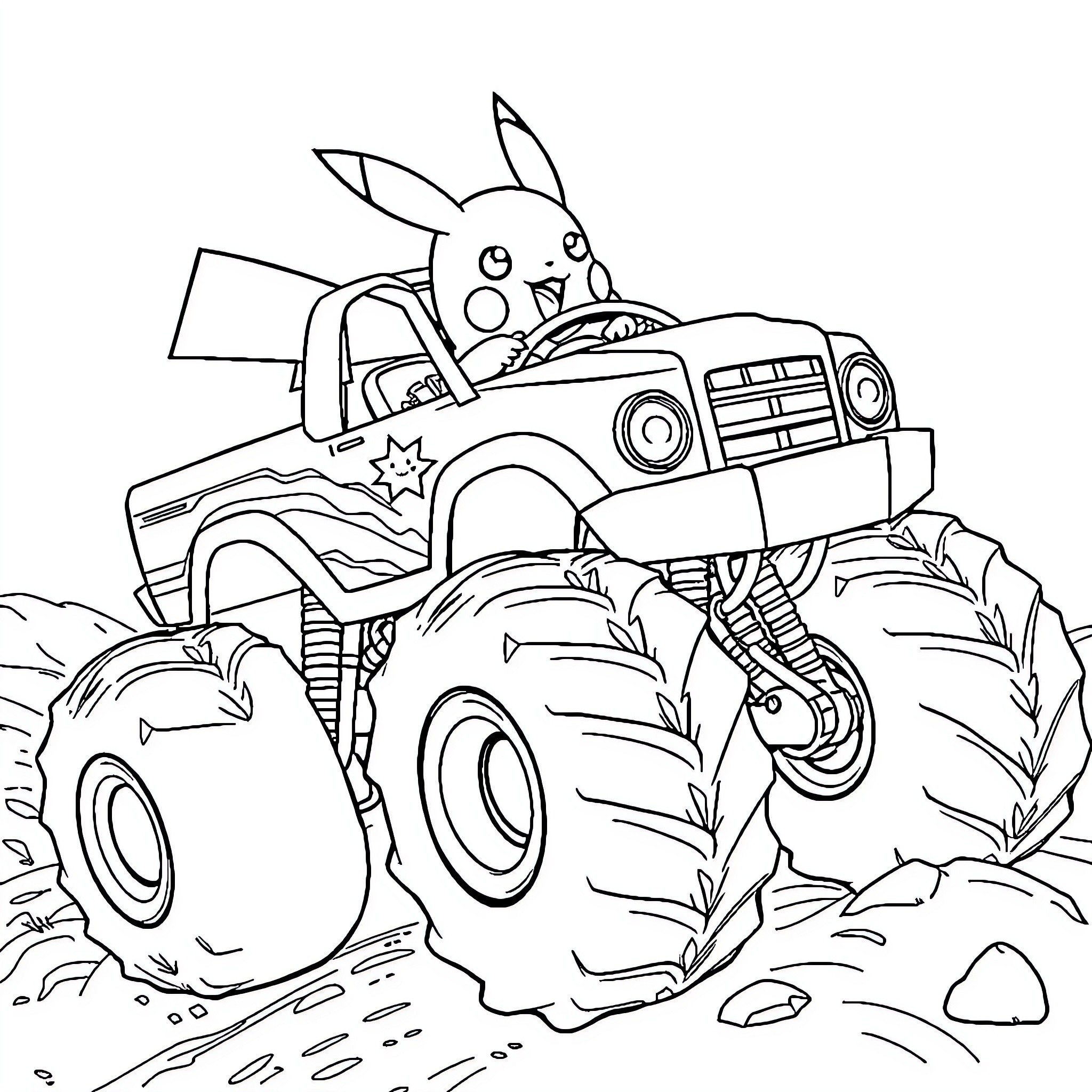 Pikachu driving a monster truck through the wilderness Coloring Page (free black-and-white line drawing printable PDF for all, from beginners to advanced learners, including children, teens, adults, and seniors)