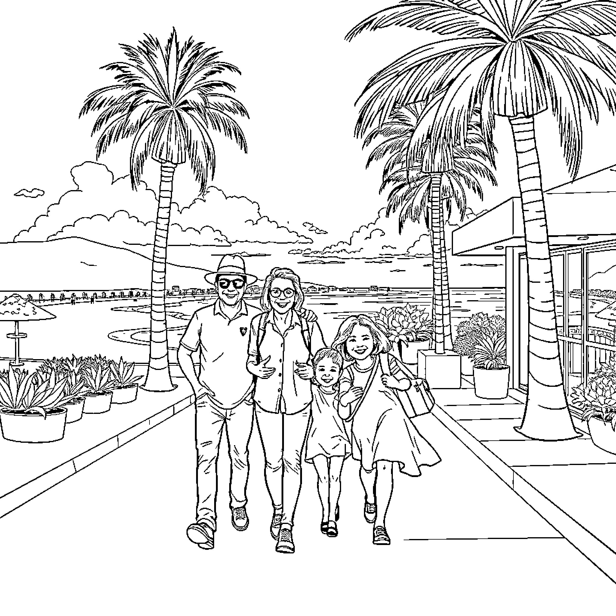 Family enjoying a tropical vacation Coloring Page (free black-and-white line drawing printable PDF for all, from beginners to advanced learners, including children, teens, adults, and seniors)