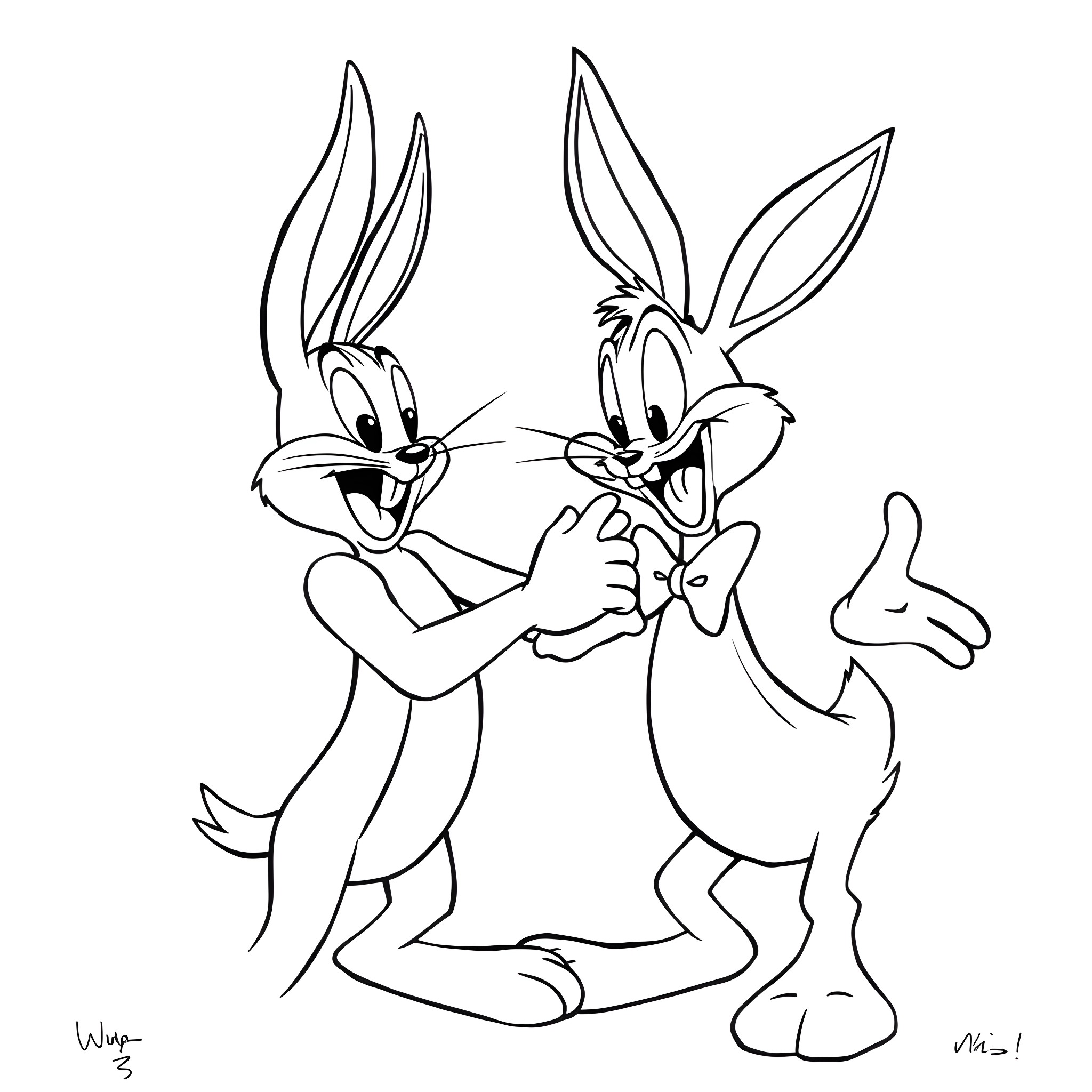 Bugs Bunny and Daffy Duck's Amusing Antics Coloring Page (free black-and-white line drawing printable PDF for all, from beginners to advanced learners, including children, teens, adults, and seniors)
