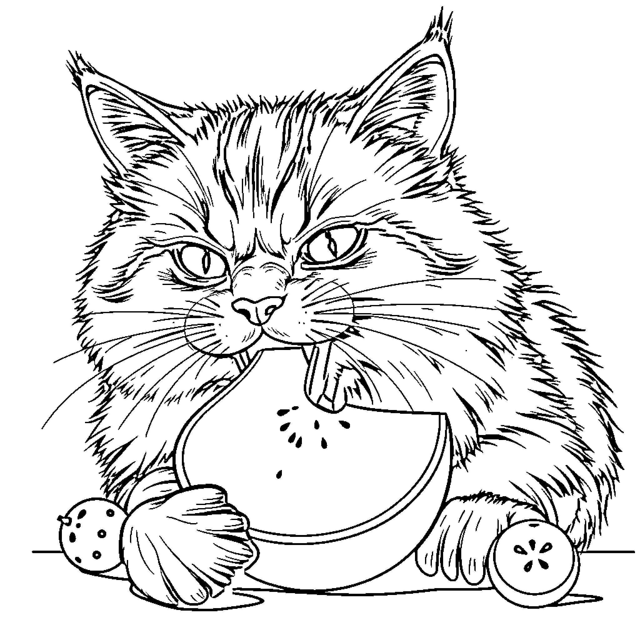 Cat playing with food and toys Coloring Page (free black-and-white line drawing printable PDF for all, from beginners to advanced learners, including children, teens, adults, and seniors)