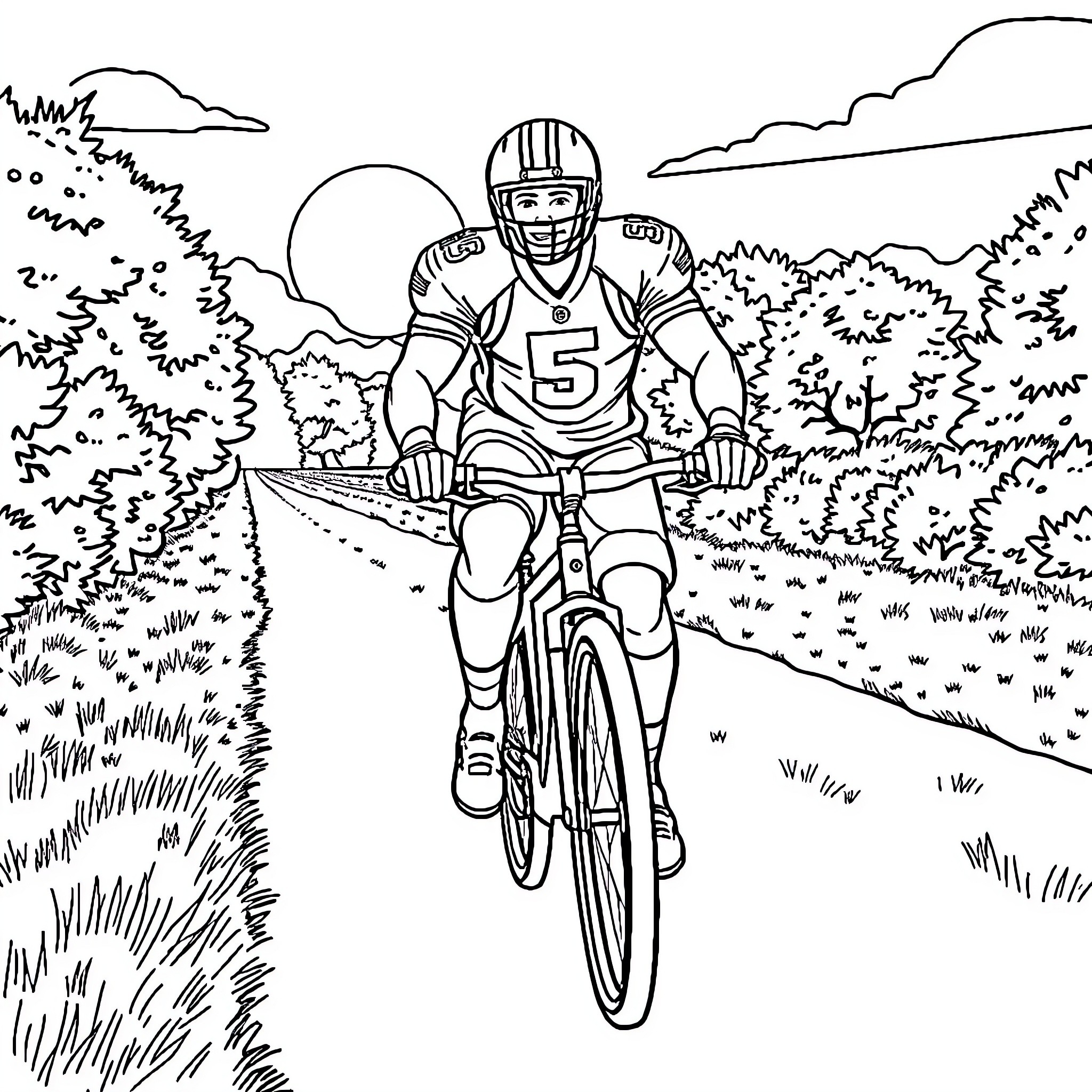 Football Player Riding Bicycle on Outdoor Trail Coloring Page (free black-and-white line drawing printable PDF for all, from beginners to advanced learners, including children, teens, adults, and seniors)