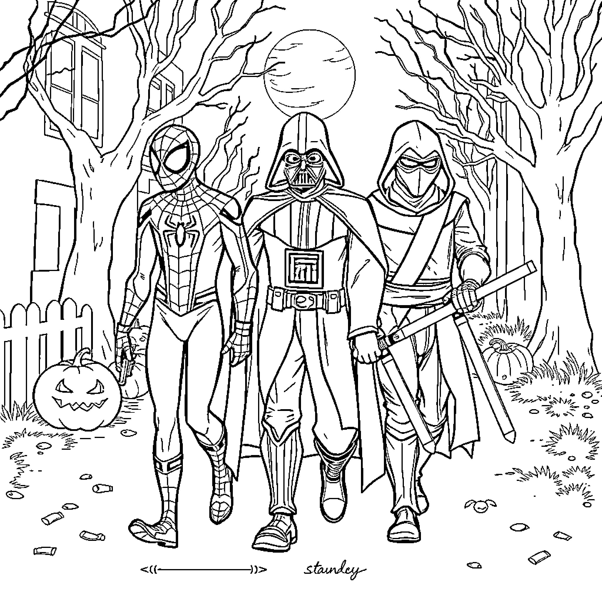 Spider-Man, Darth Vader, and Kylo Ren in a Spooky Forest Coloring Page (free black-and-white line drawing printable PDF for all, from beginners to advanced learners, including children, teens, adults, and seniors)