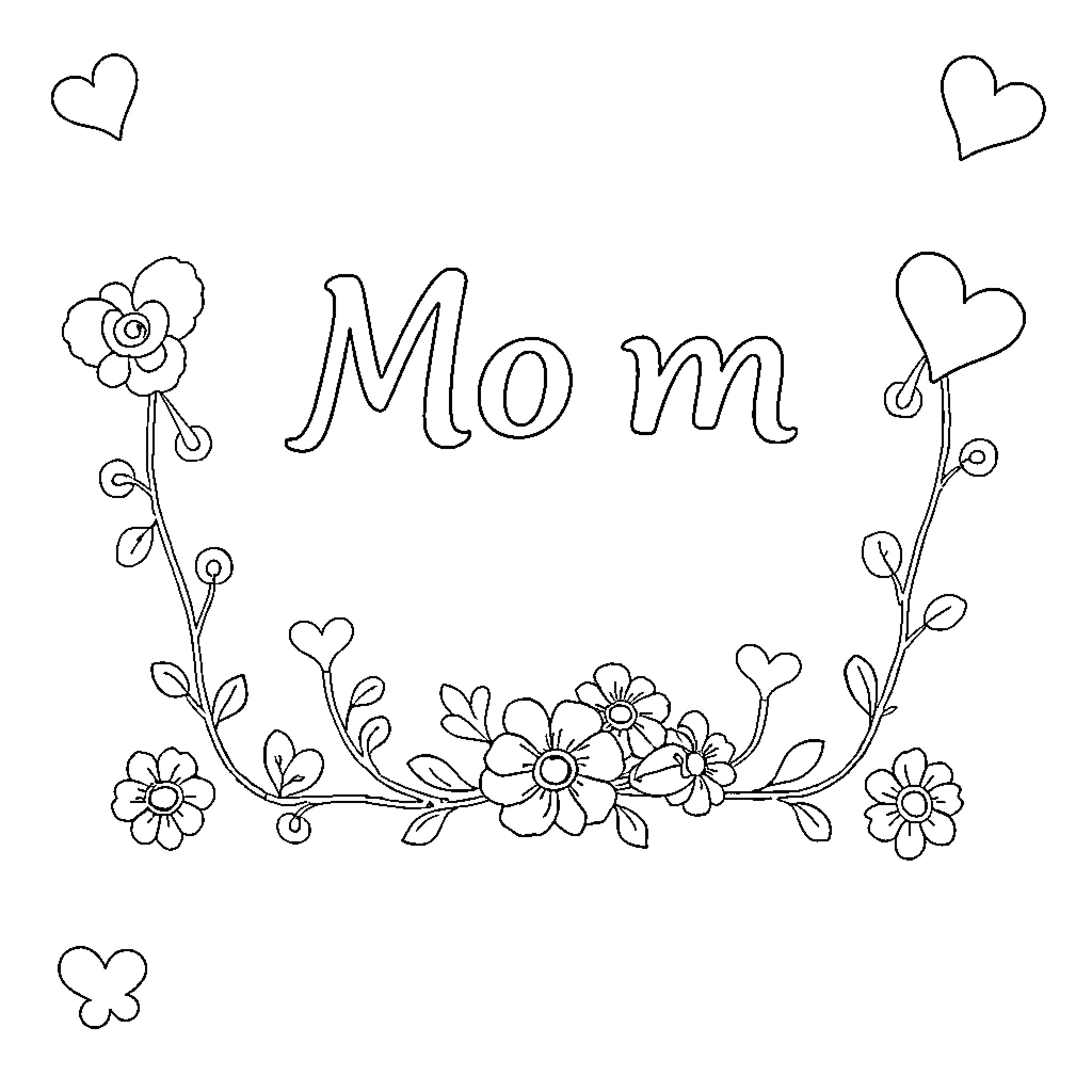 Mom surrounded by flowery hearts and doodles Coloring Page (free black-and-white line drawing printable PDF for all, from beginners to advanced learners, including children, teens, adults, and seniors)