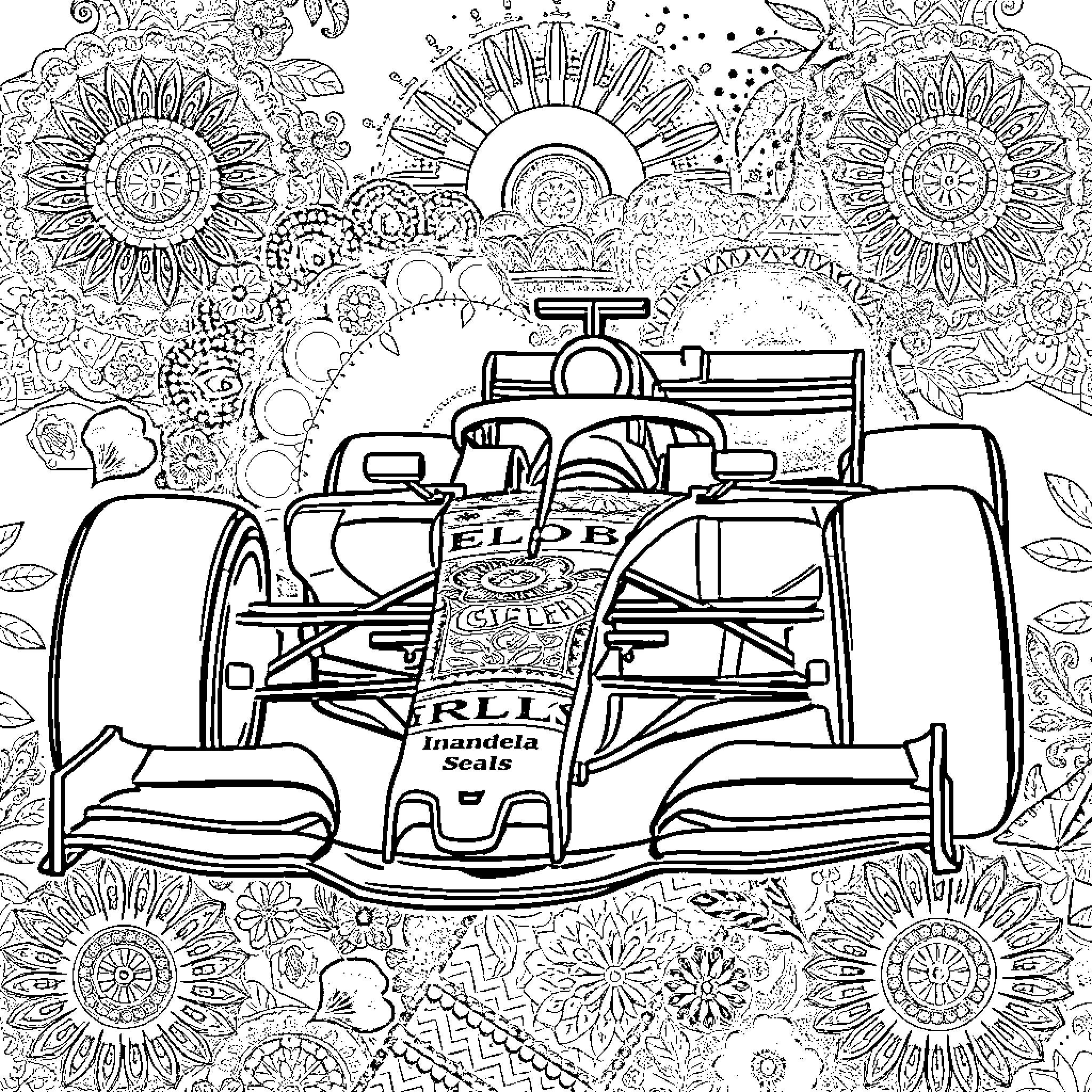 F 1 Car racing with floral surroundings Coloring Page (free black-and-white line drawing printable PDF for all, from beginners to advanced learners, including children, teens, adults, and seniors)