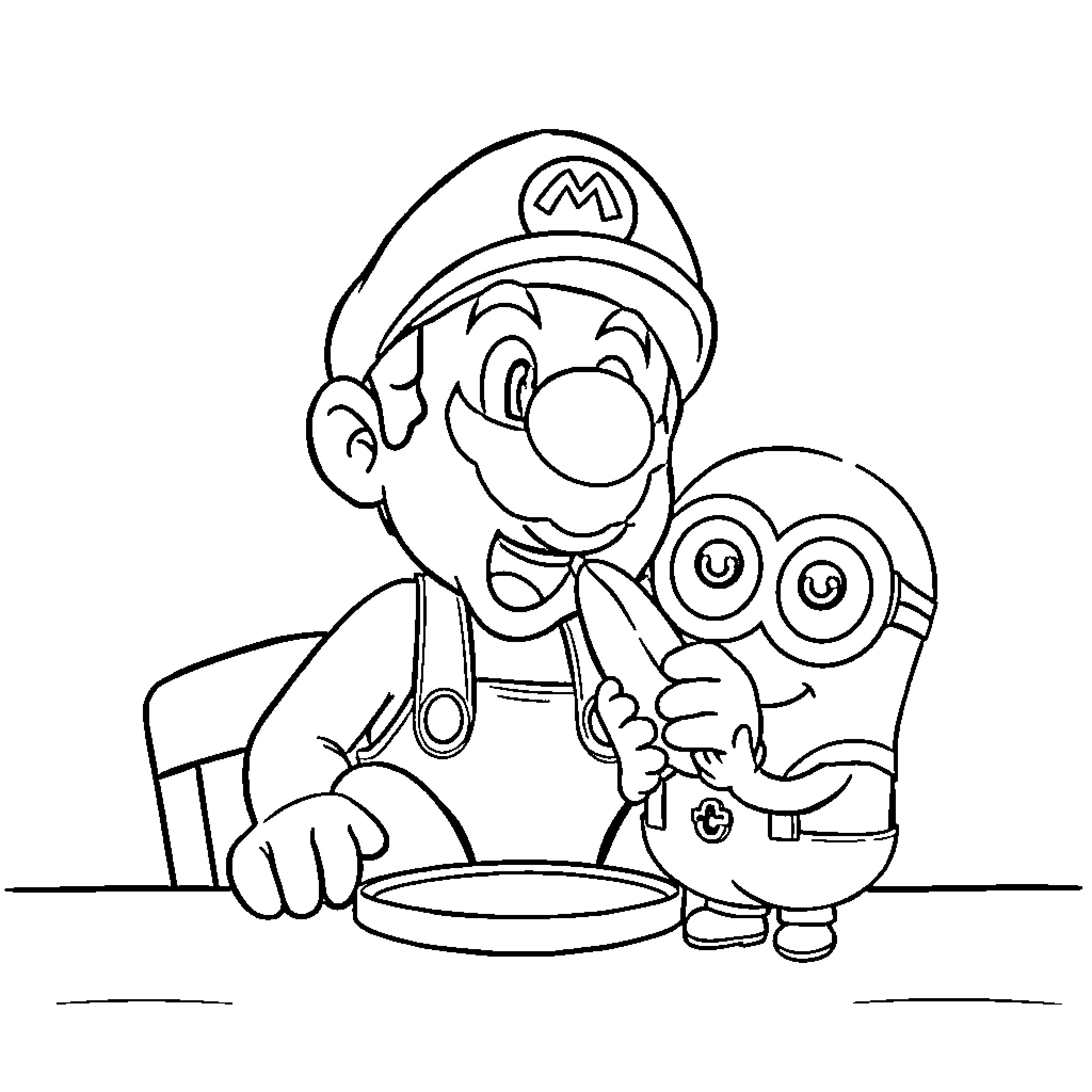 Mario playing with Minion in animated scene Coloring Page (free black-and-white line drawing printable PDF for all, from beginners to advanced learners, including children, teens, adults, and seniors)