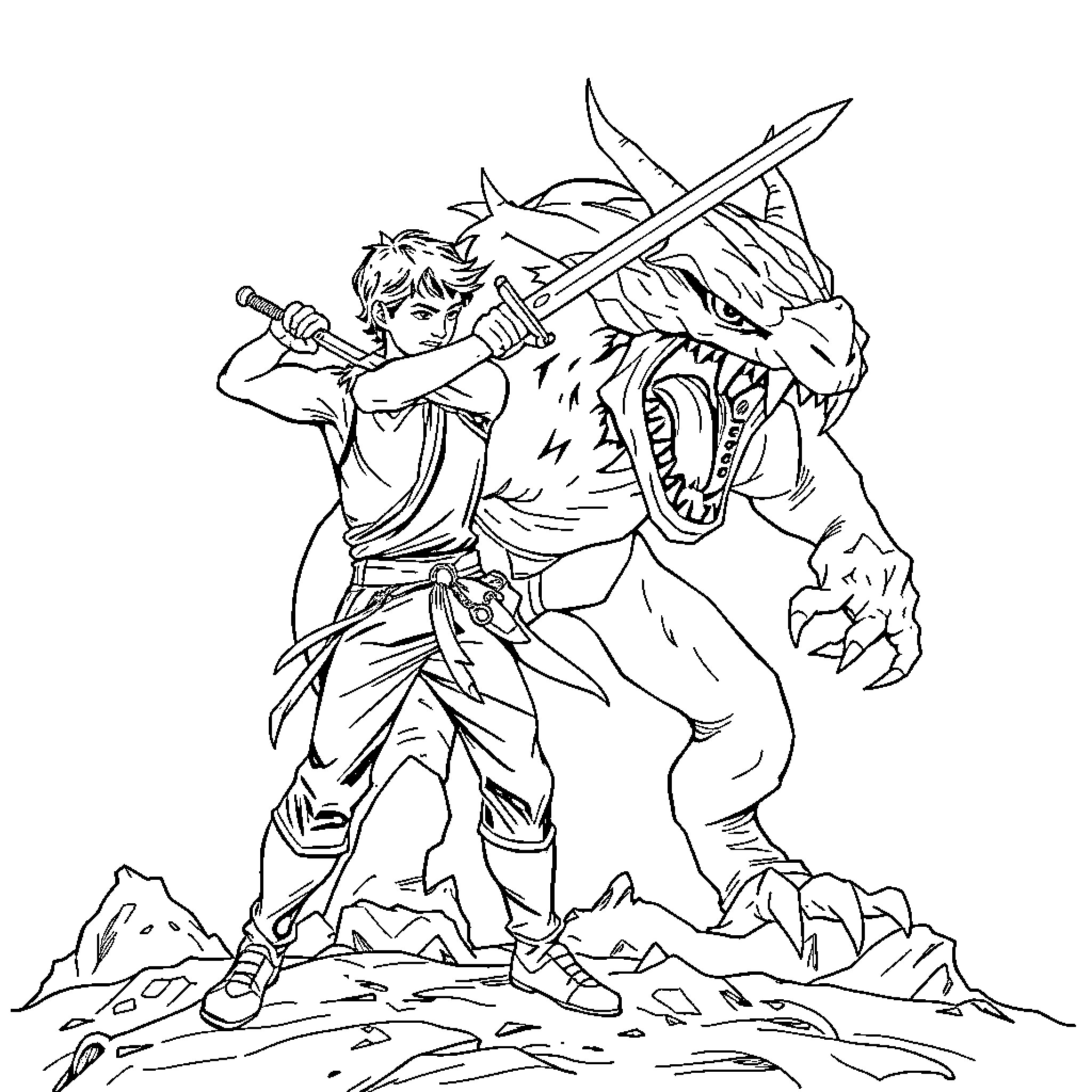 Percy Jackson battling a fierce dragon in the wilderness Coloring Page (free black-and-white line drawing printable PDF for all, from beginners to advanced learners, including children, teens, adults, and seniors)