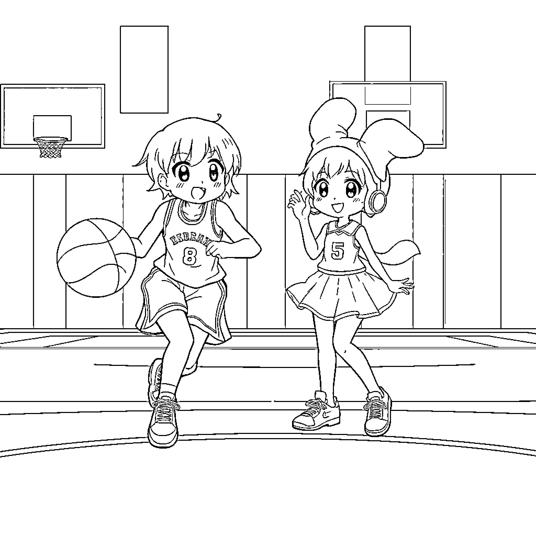 Kuromi friends playing basketball together Coloring Page (free black-and-white line drawing printable PDF for all, from beginners to advanced learners, including children, teens, adults, and seniors)