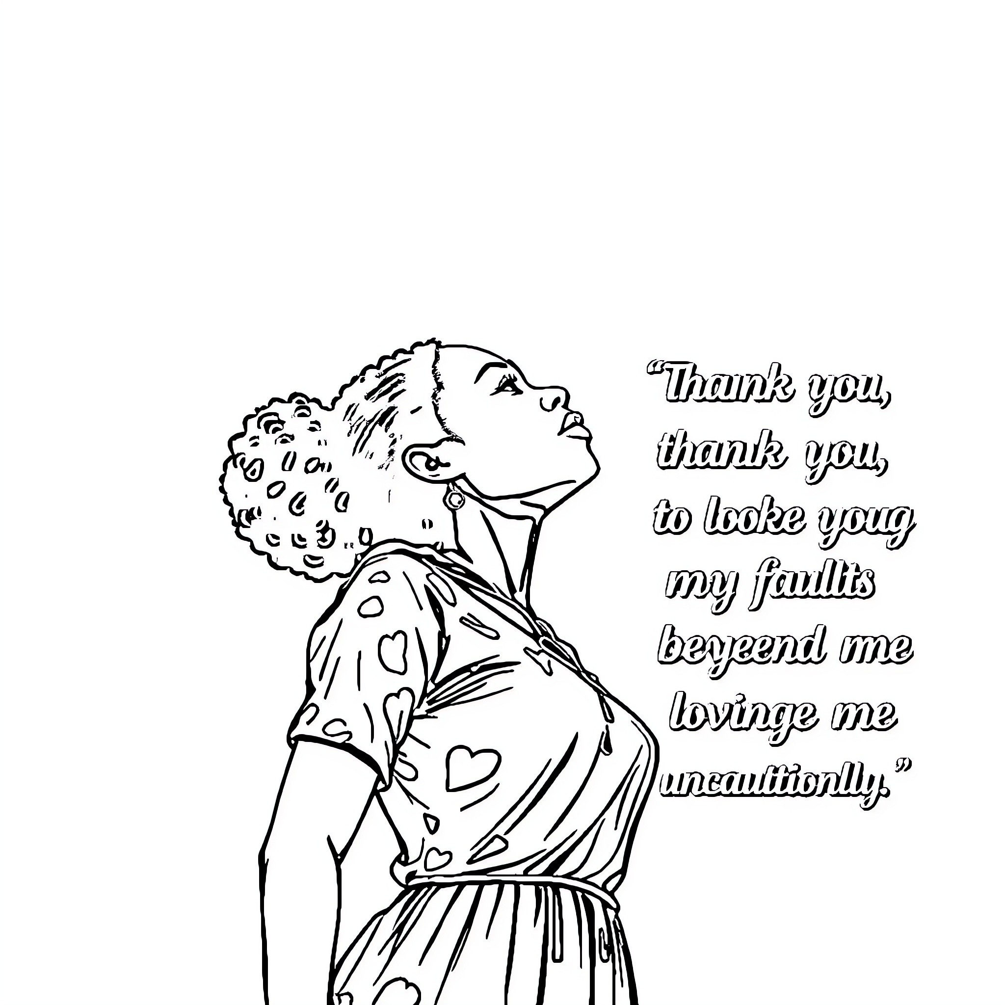 Woman expressing gratitude with heartfelt quote Coloring Page (free black-and-white line drawing printable PDF for all, from beginners to advanced learners, including children, teens, adults, and seniors)