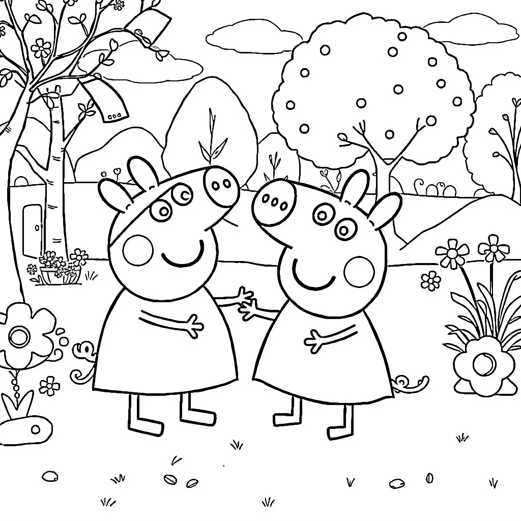 Peppa Pig and Friends Enjoying Nature in the Countryside Coloring Page (free black-and-white line drawing printable PDF for all, from beginners to advanced learners, including children, teens, adults, and seniors)
